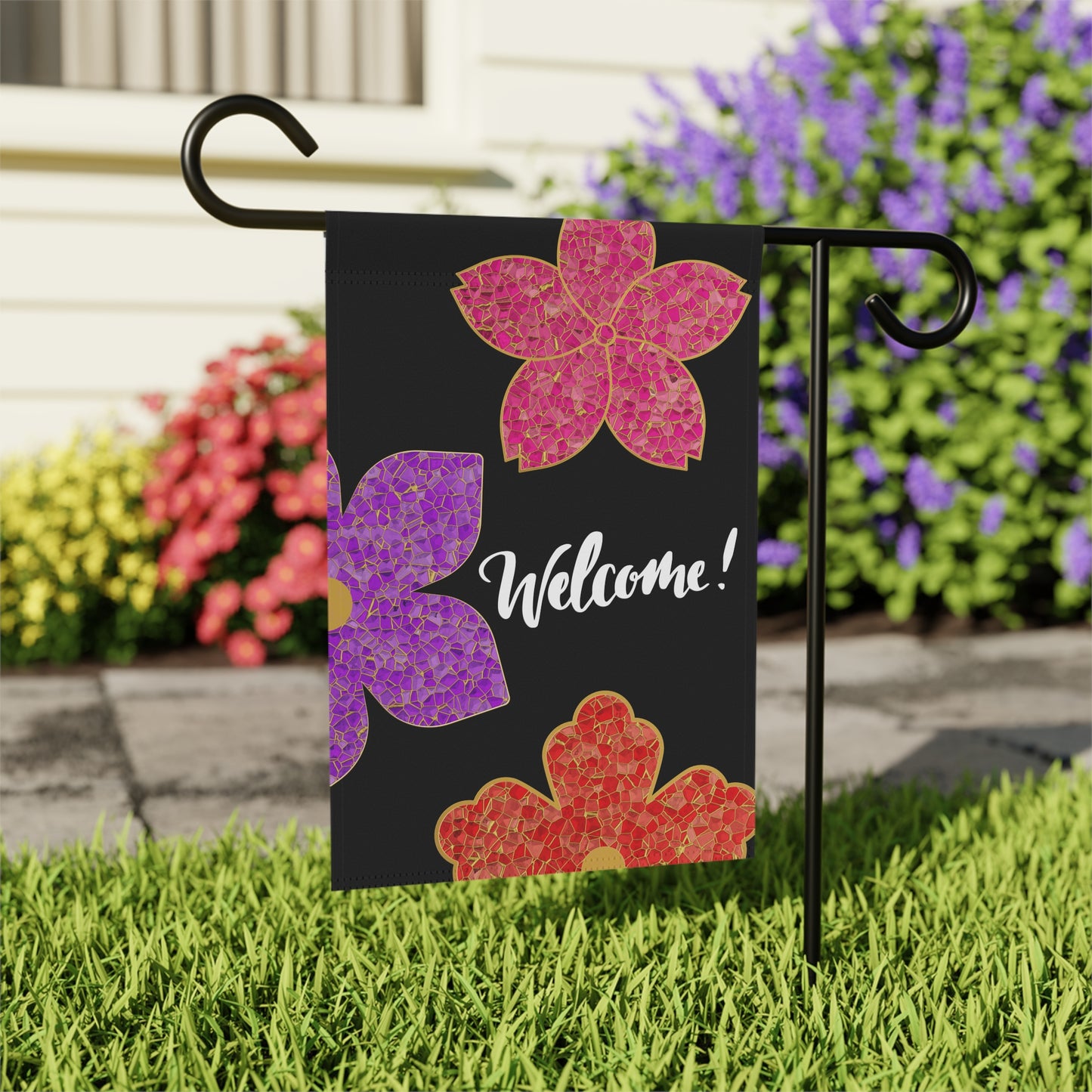 Stained Glass Flowers Welcome 2-Sided Garden & House Banner