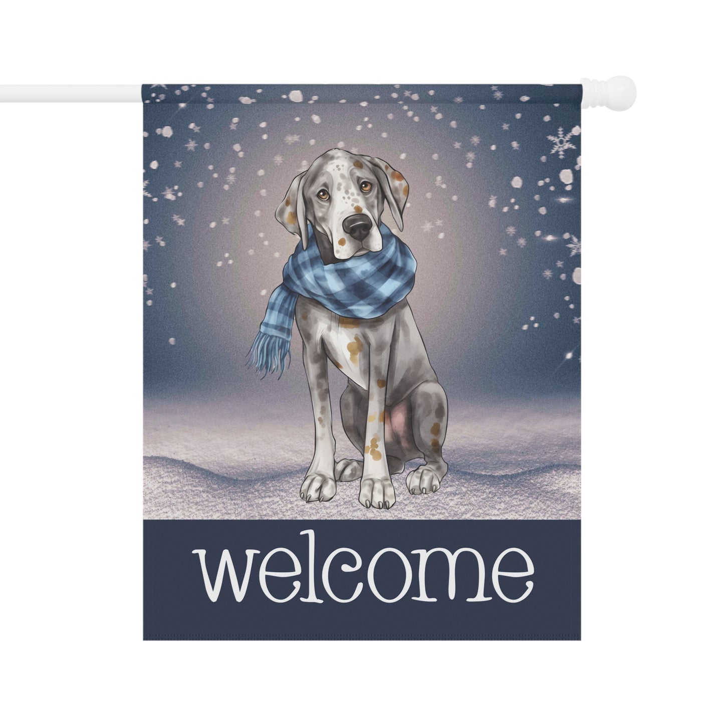 Snowy Welcome Great Dane in Scarf 2-Sided Garden & House Flag/Banner