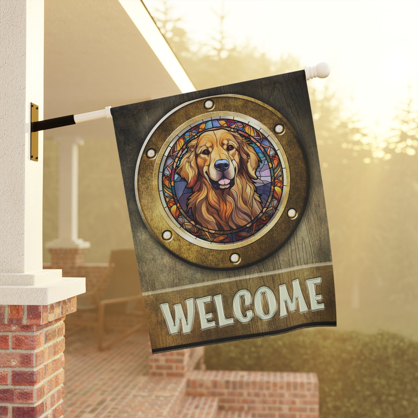 Golden Retriever in Port Hole Welcome 2-Sided Garden & House Flag/Banner