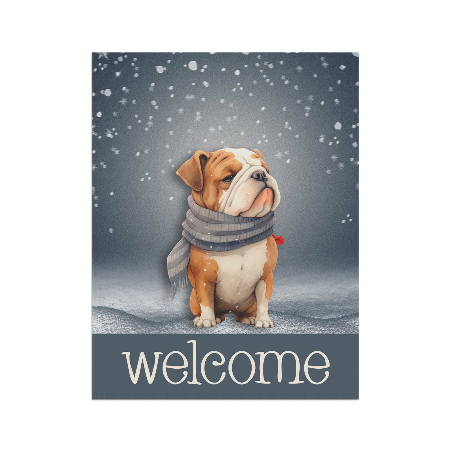 Snowy Welcome Bulldog in Scarf 2-Sided Garden & House Flag/Banner