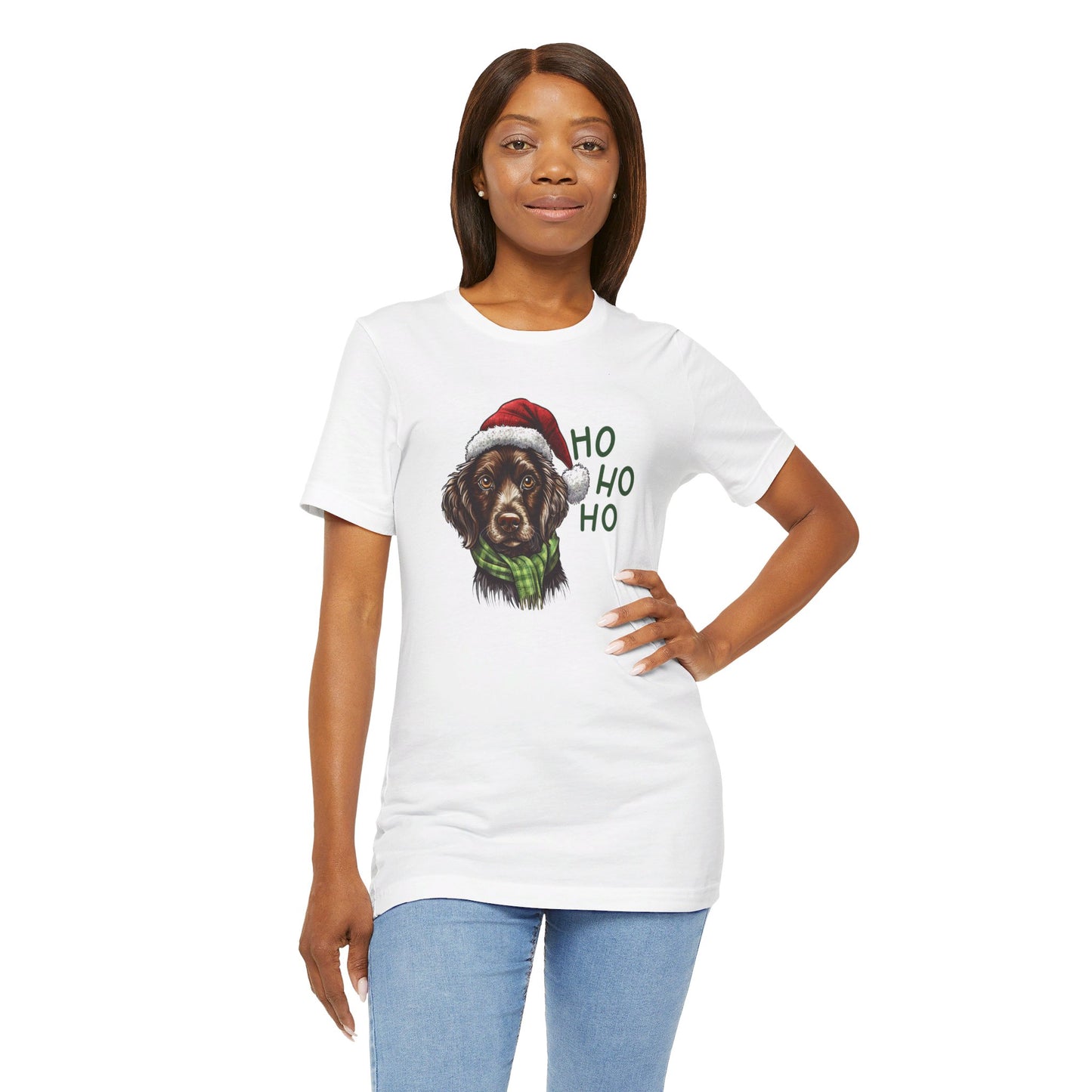 Ho Ho Ho Ready for Christmas Dog in Santa Hat & Scarf Unisex Jersey Short Sleeve Tee