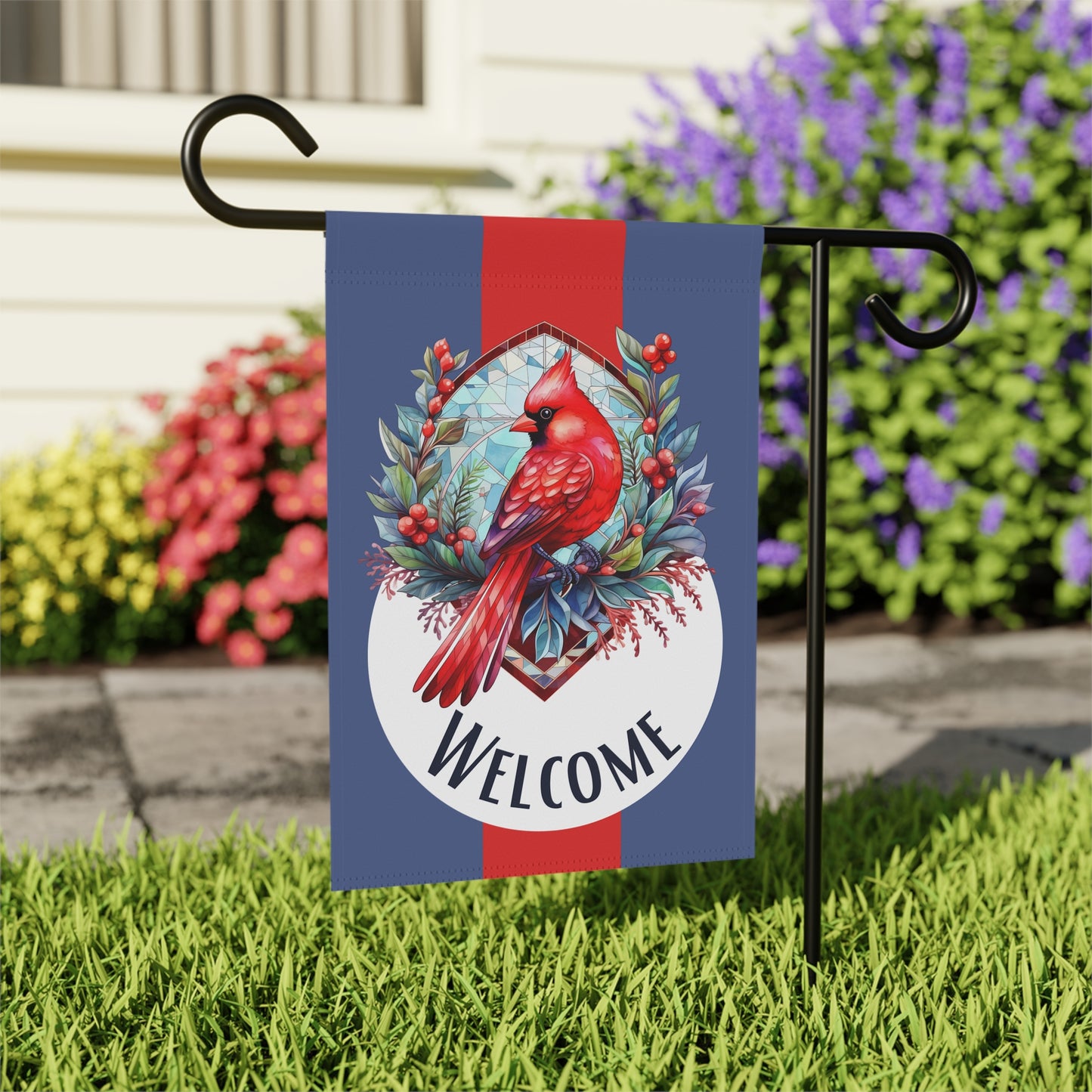 Stained Glass Cardinal 1 Welcome 2-Sided Garden & House Banner