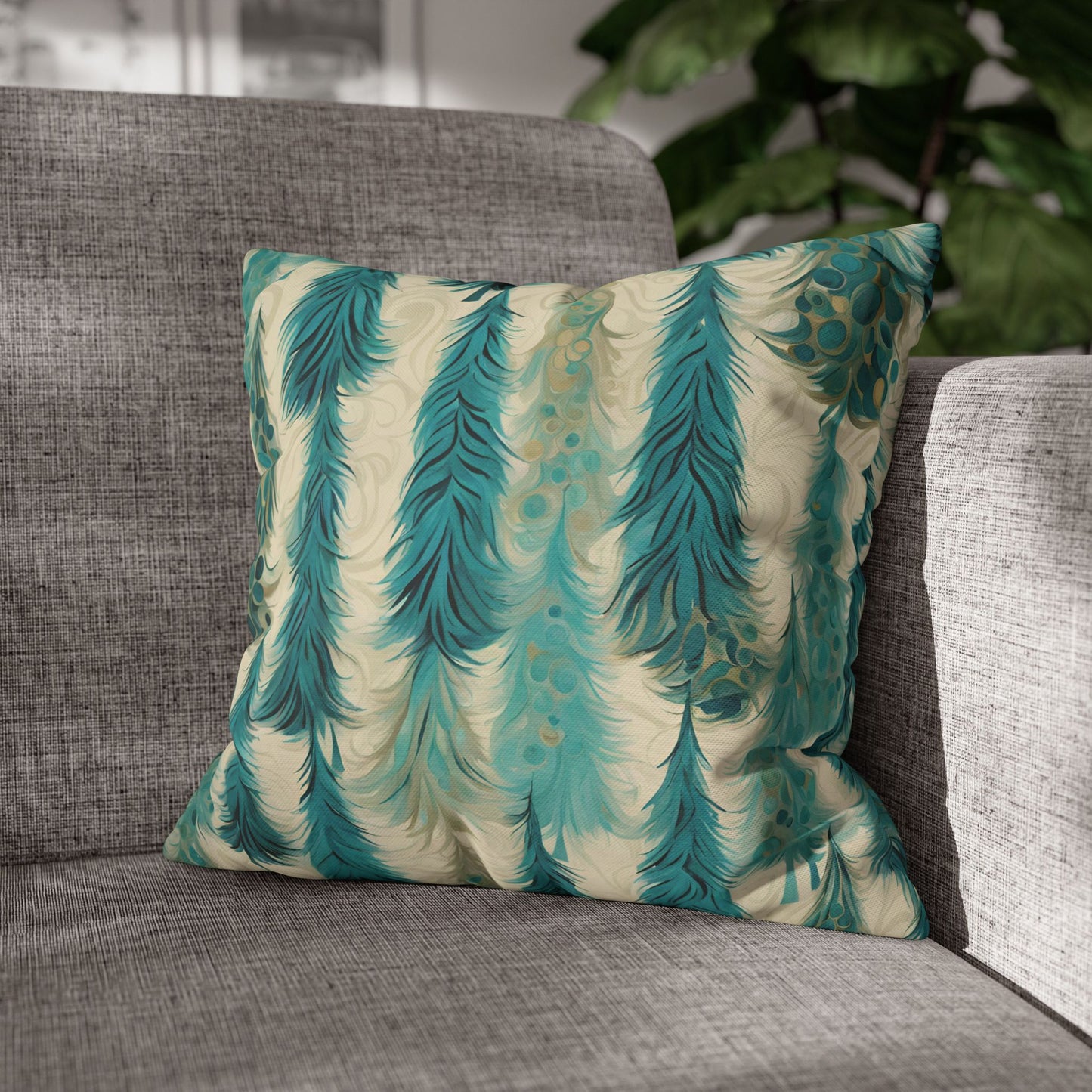 Teal Christmas Trees Square Poly Canvas Pillowcase