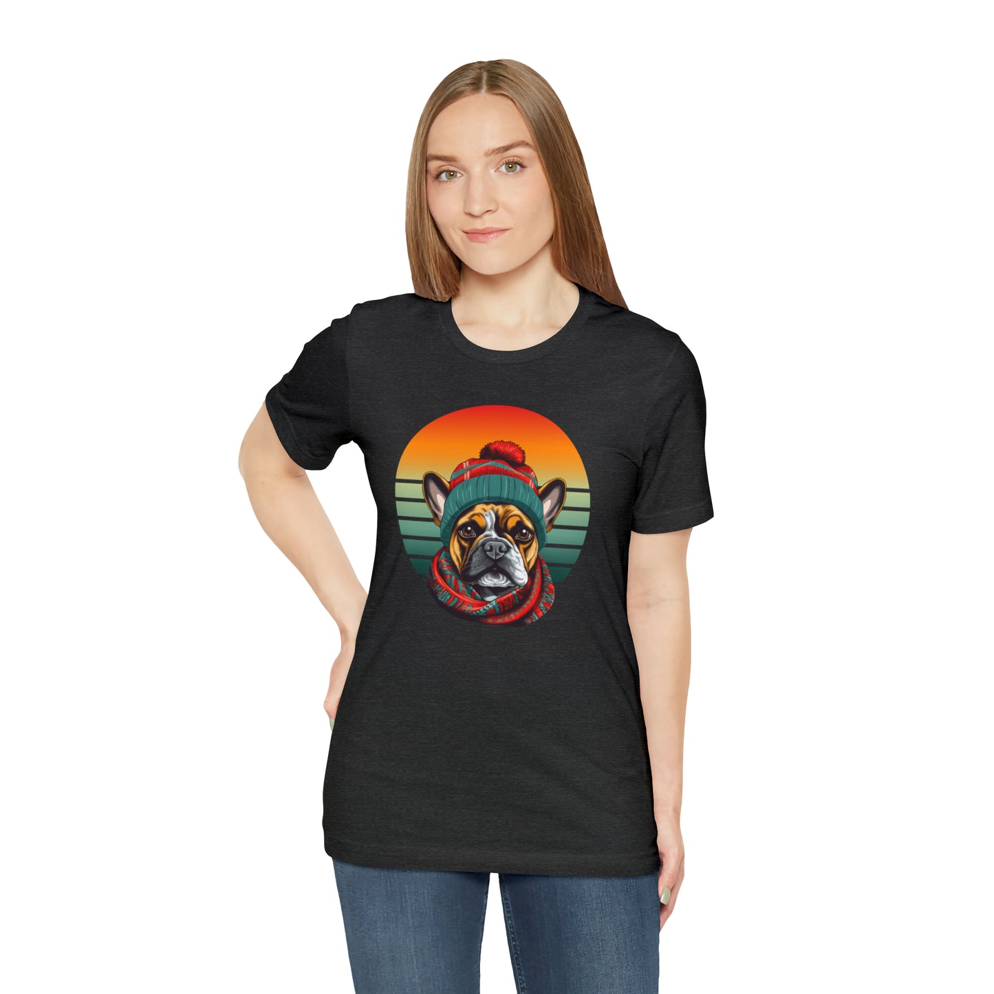 Retro French Bulldog in Hat & Scarf Unisex Jersey Short Sleeve Tee