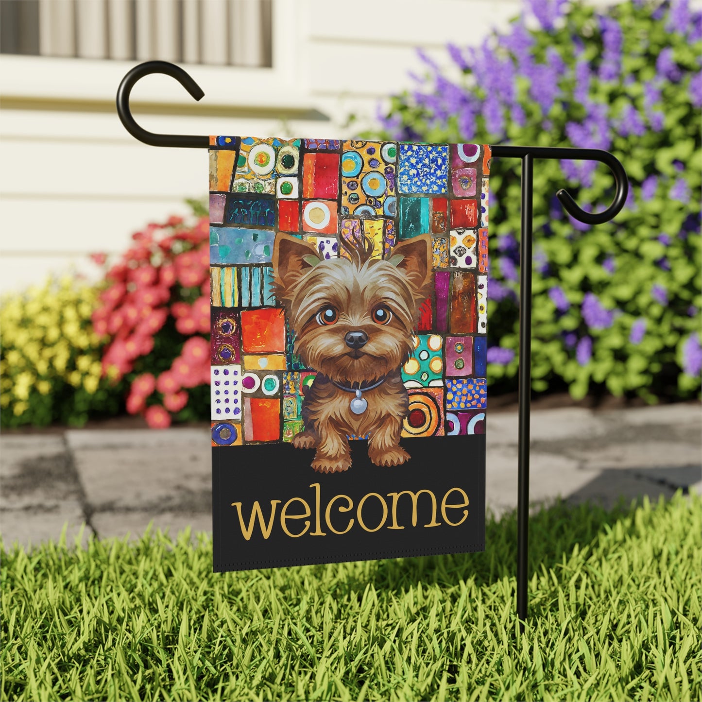 Yorkshire Terrier Patchwork Welcome Yorkie 2-Sided Garden & House Flag/Banner