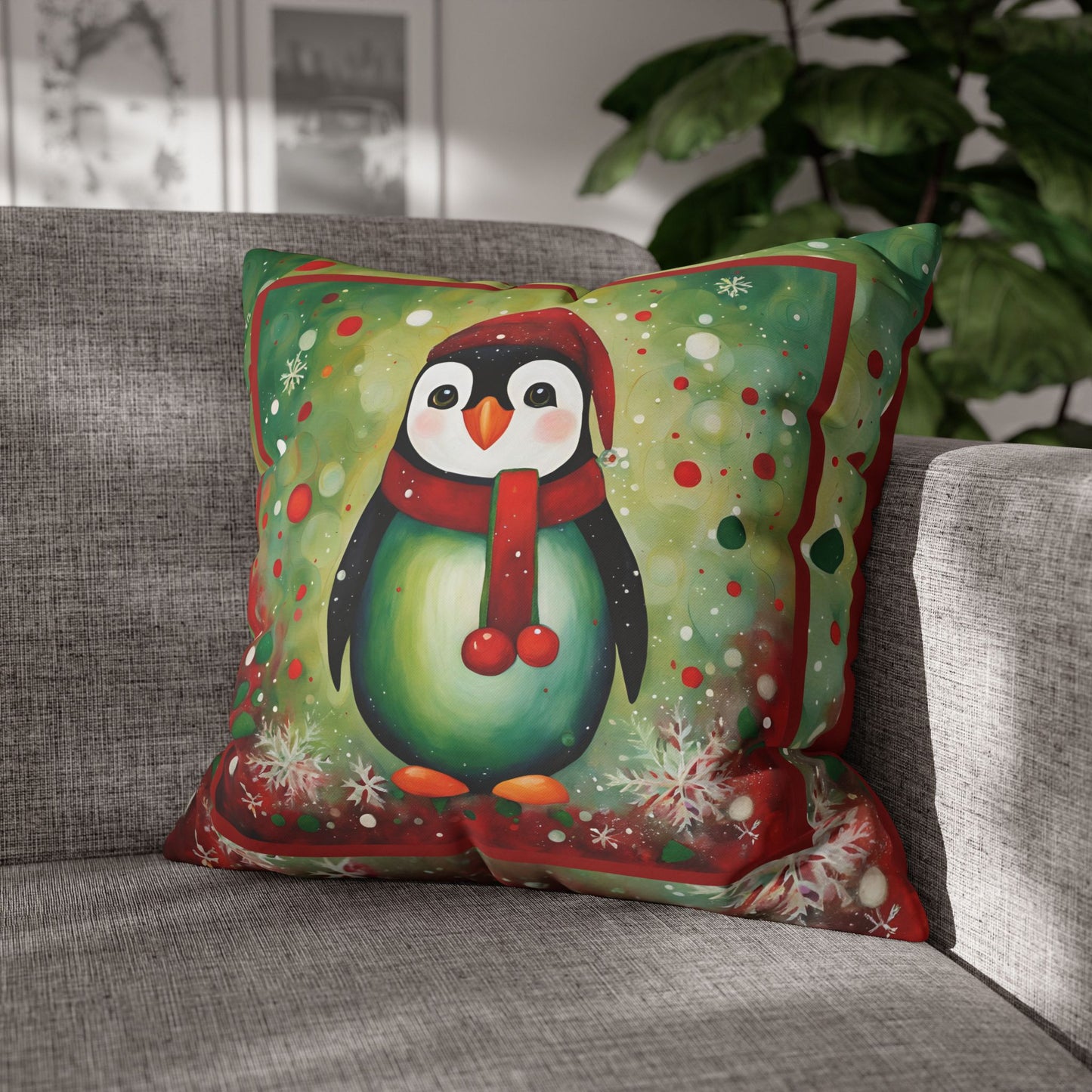 Holiday Penguin Square Poly Canvas Pillowcase