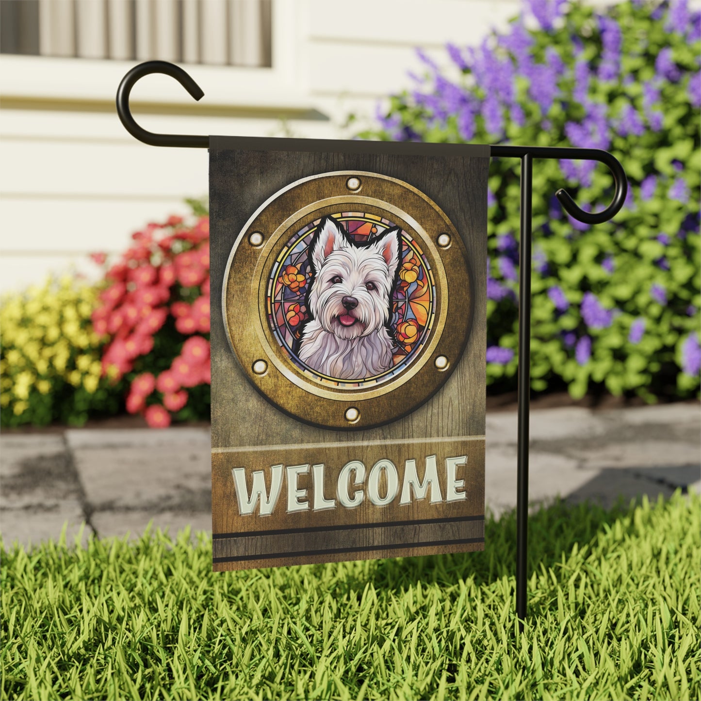 West Highland Terrier in Port Hole Westie Welcome 2-Sided Garden & House Flag/Banner