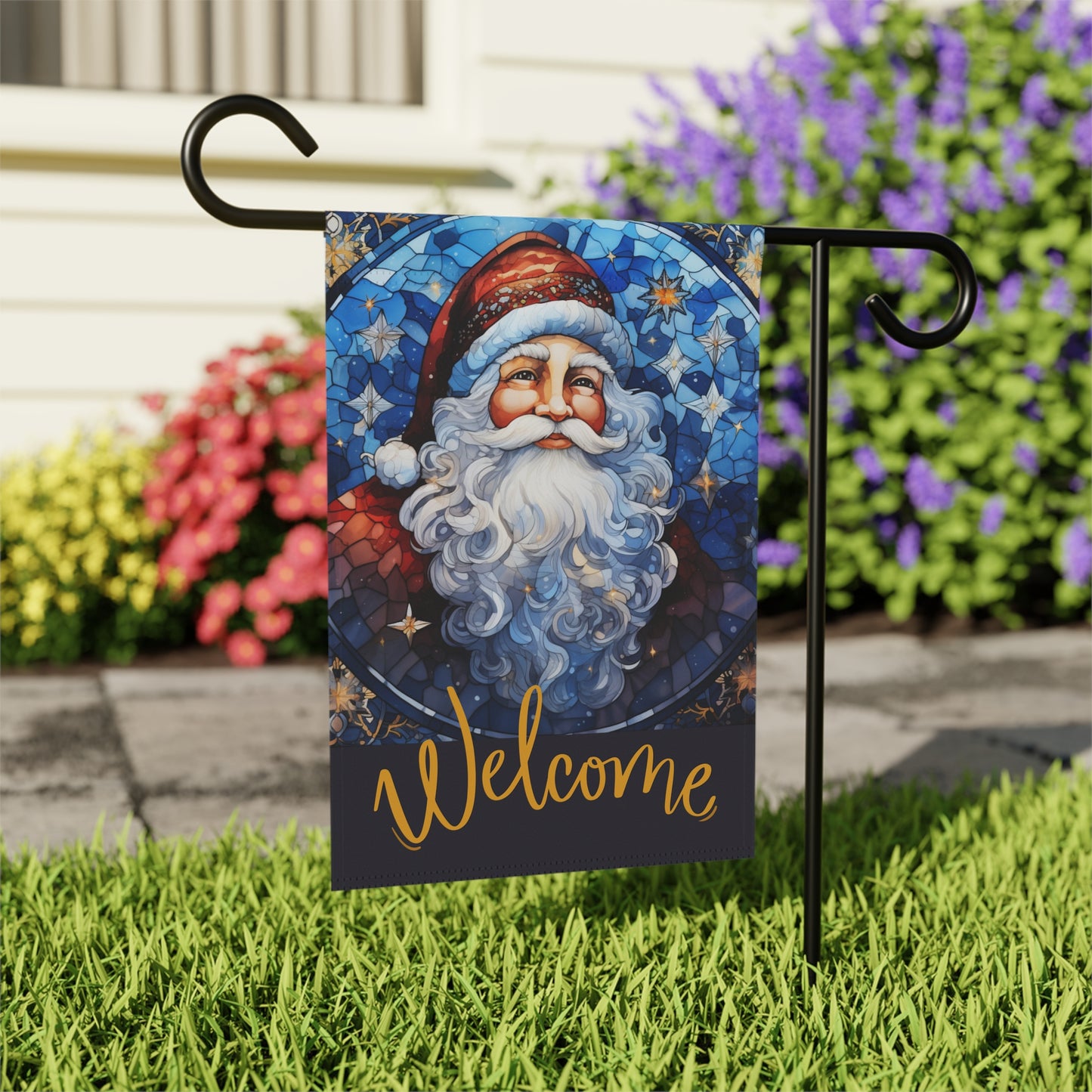 Santa Welcome Stained Glass Look 2-Sided Garden & House Banner