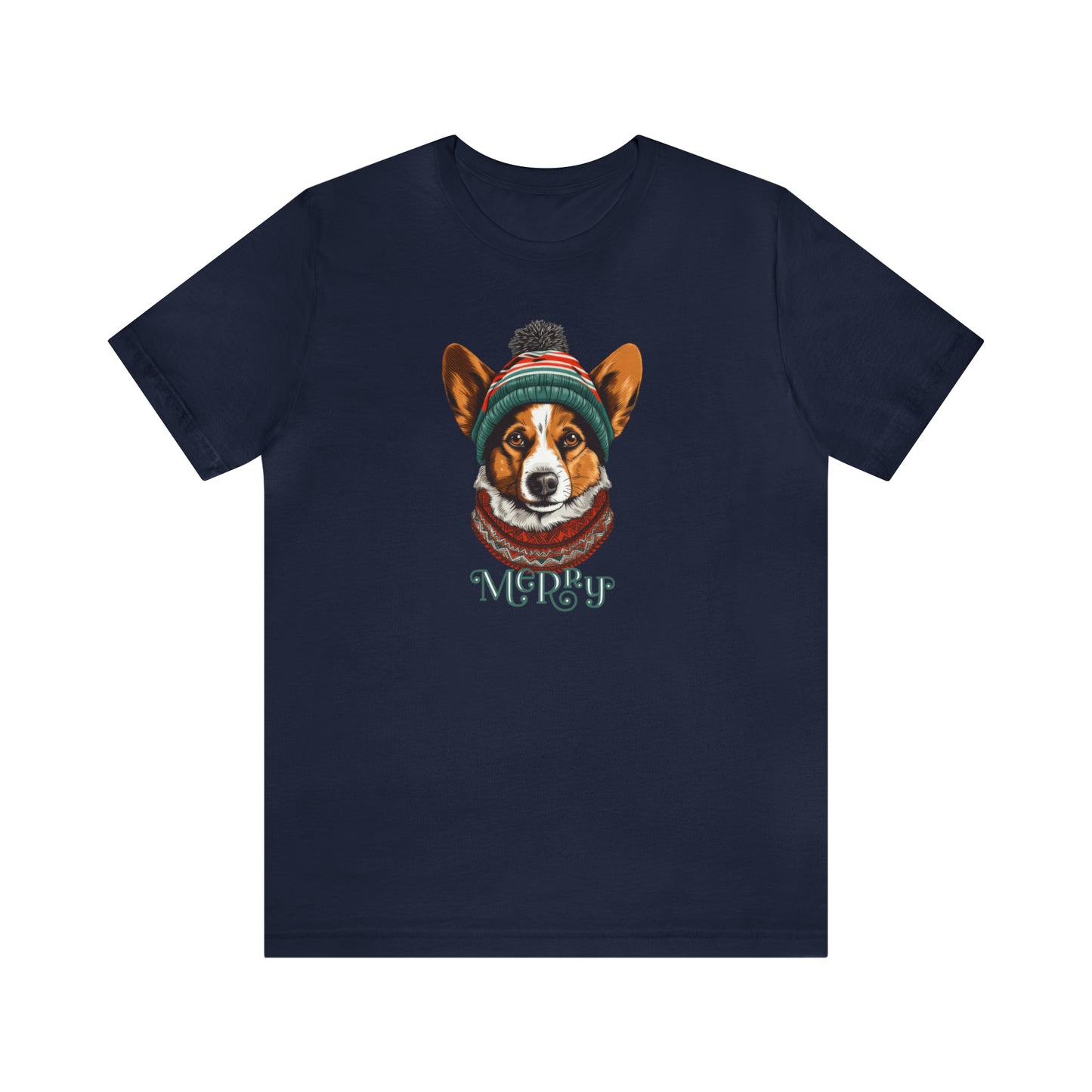 Merry Corgi in Hat & Scarf Unisex Jersey Short Sleeve Tee