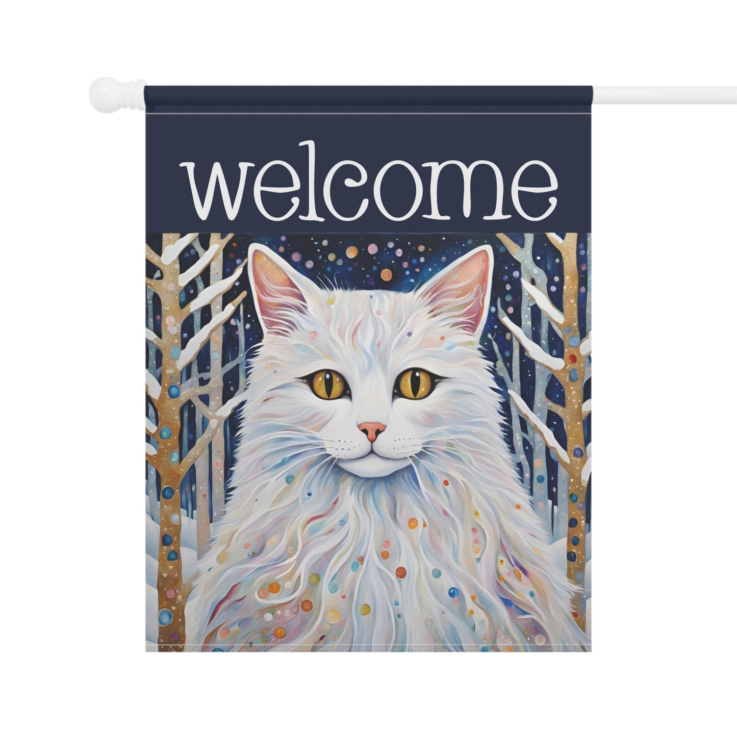 Snowy Cat Welcome 2-Sided Garden & House Flag/Banner