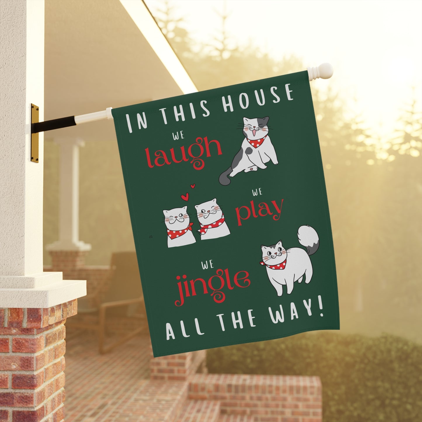 Laugh Play Jingle All the Way Cats on Green Christmas 2-Sided Garden & House Flag/Banner