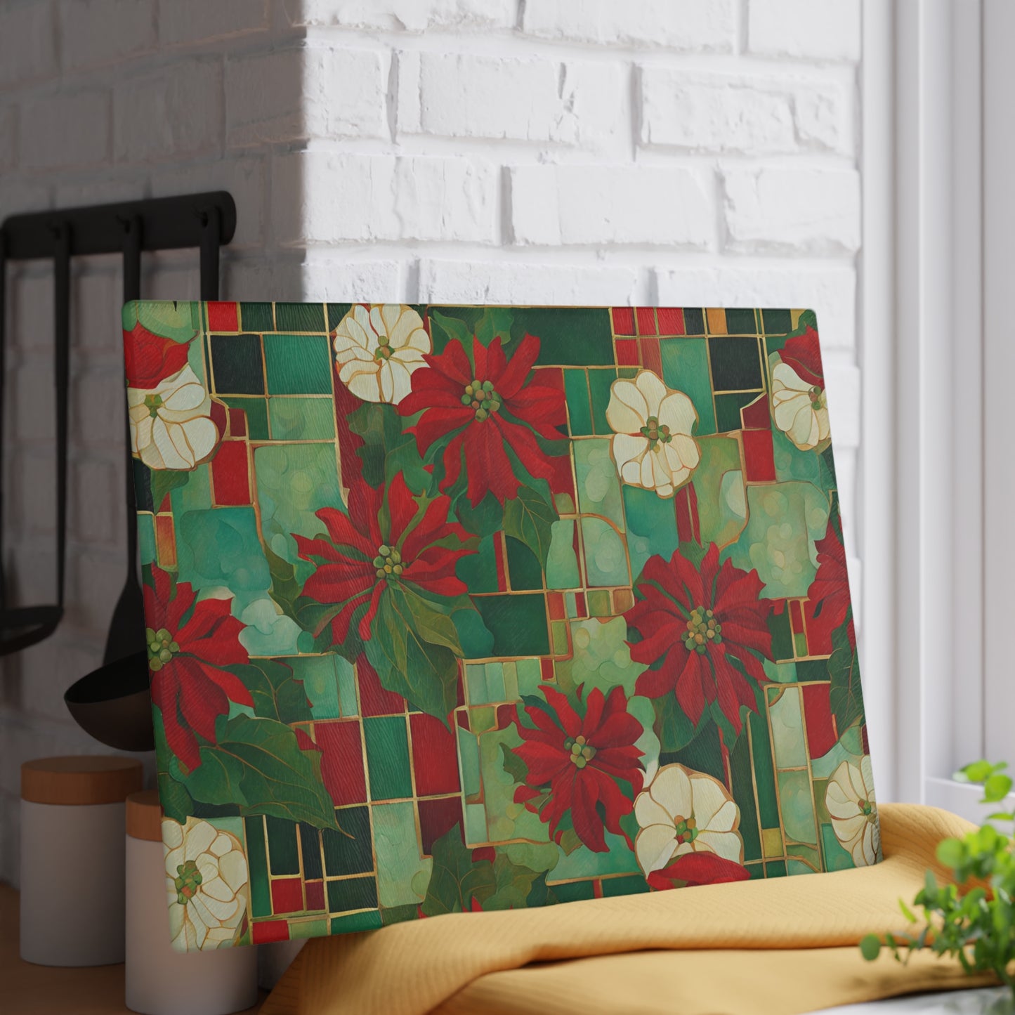 Jo's Poinsettias Tempered Glass Cutting Board