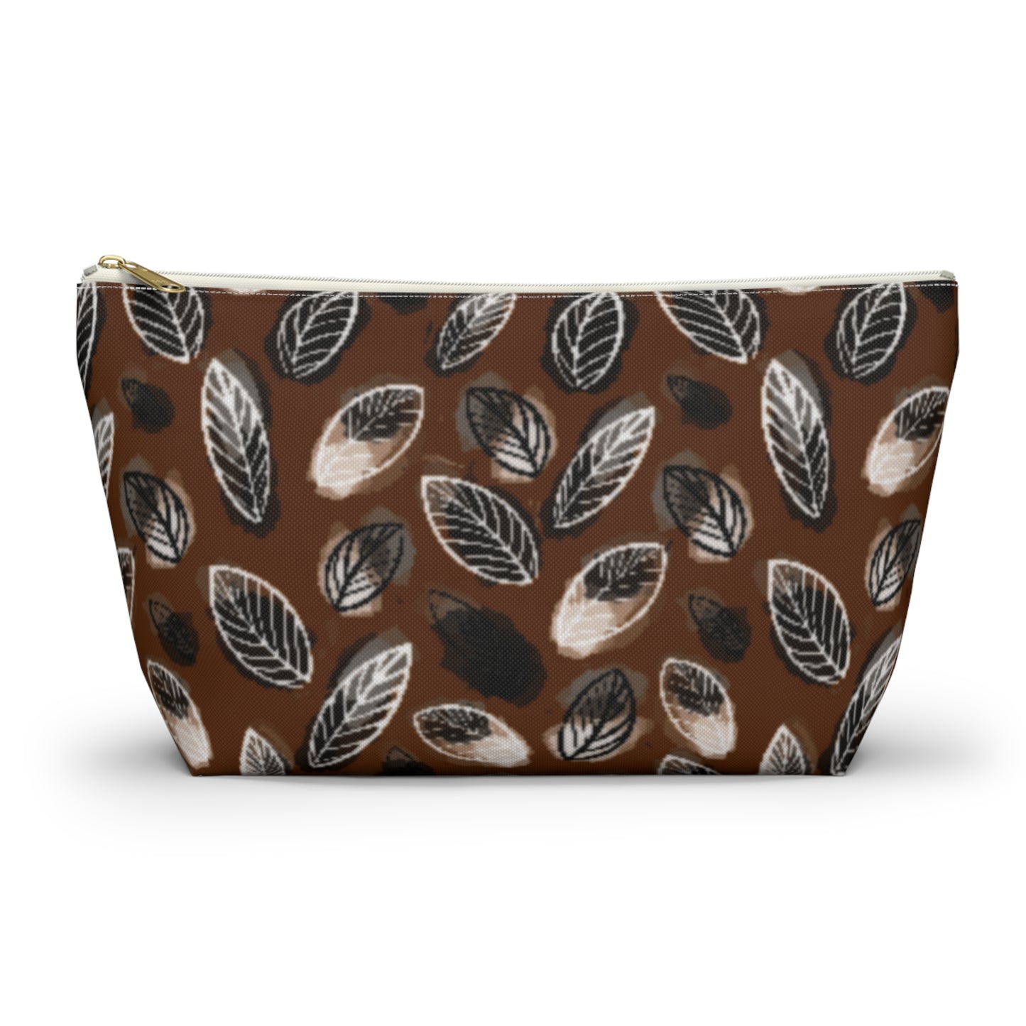 Gertie Black & Cream Abstract Leaves on Brown Makeup Zipper Accessory Pouch w T-bottom