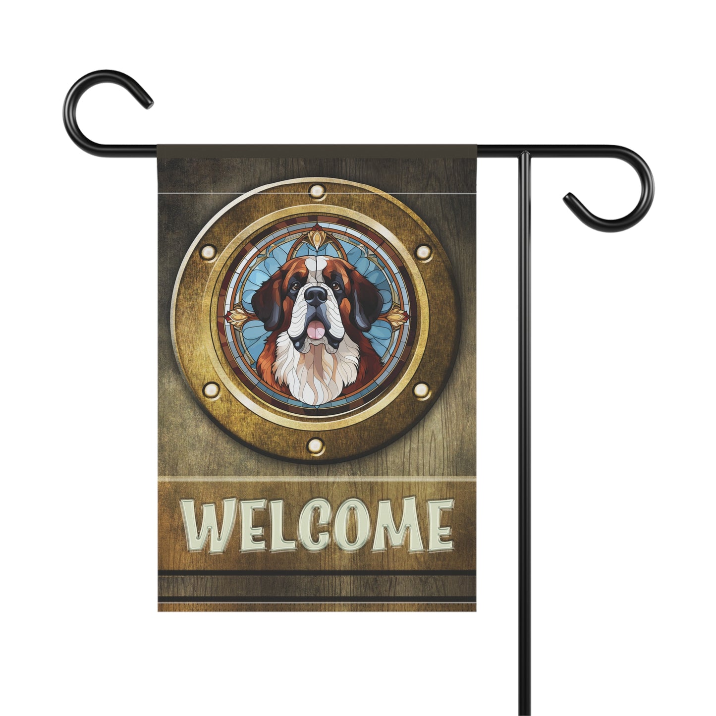 Saint Bernard in Port Hole Welcome 2- Sided Garden & House Flag/Banner