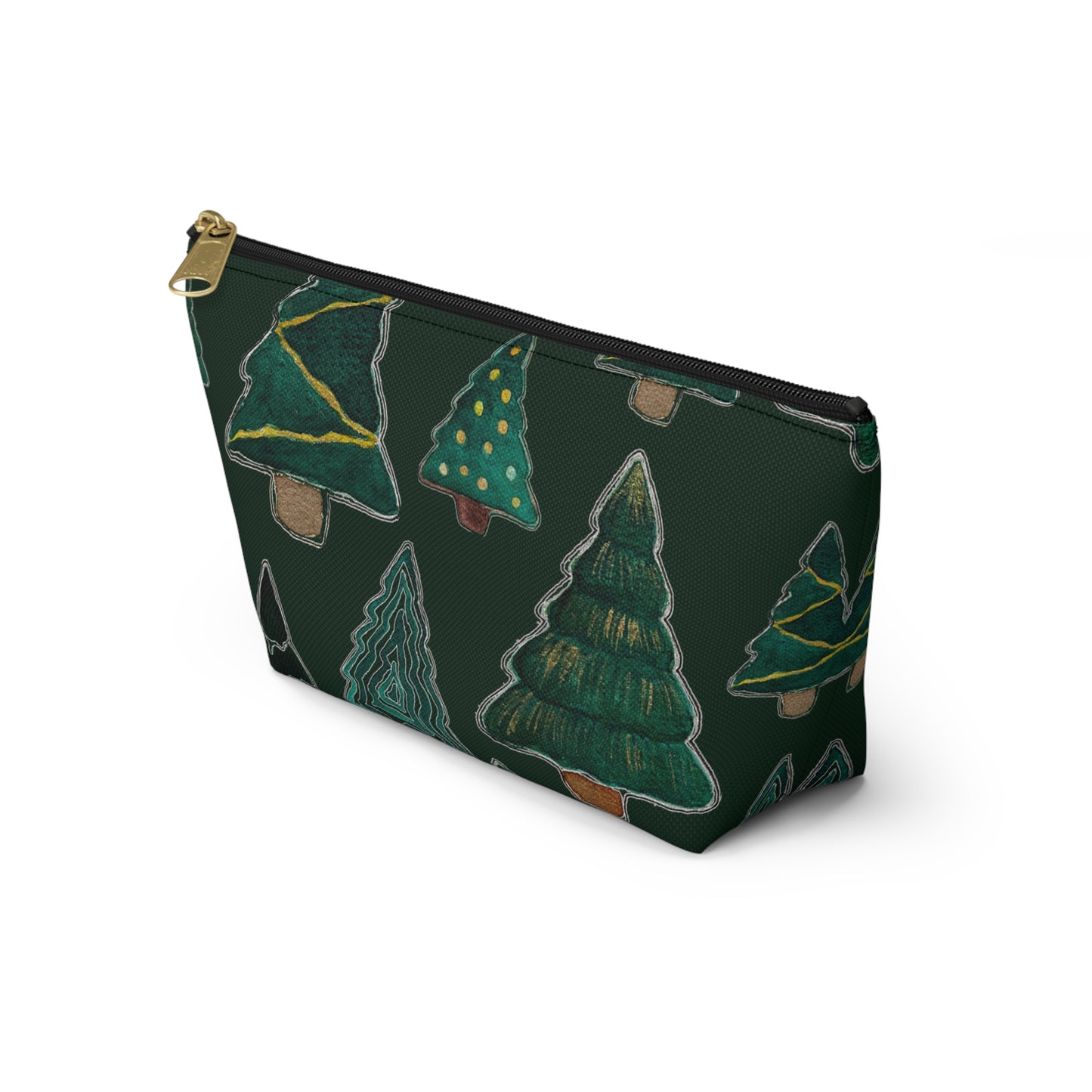 Christmas Tree Cutouts on Green Accessory Pouch w T-bottom