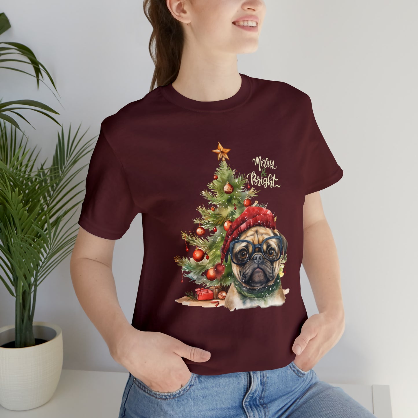 Merry & Bright Pug in Glasses Unisex Jersey Short Sleeve Tee