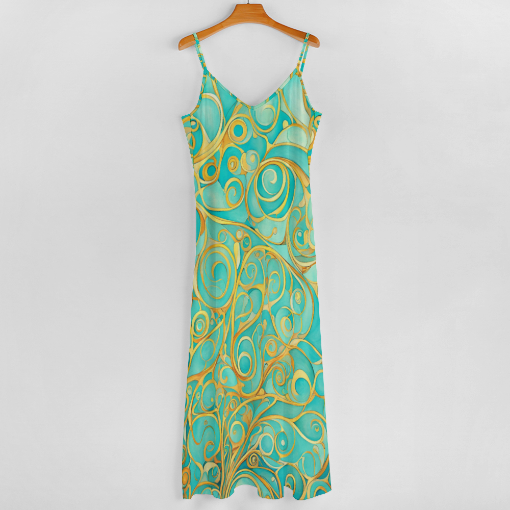 Teal Swirl Women's Summer Fashion Maxi Slip Dress