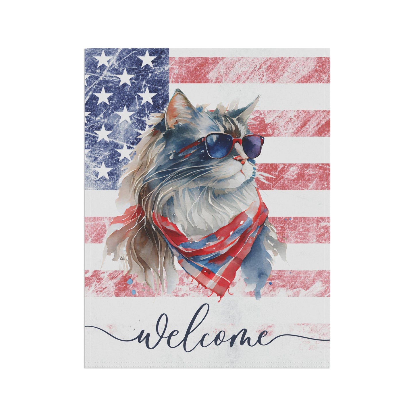 Patriotic Cat in Glasses Welcome 2-Sided Garden & House Flag/Banner