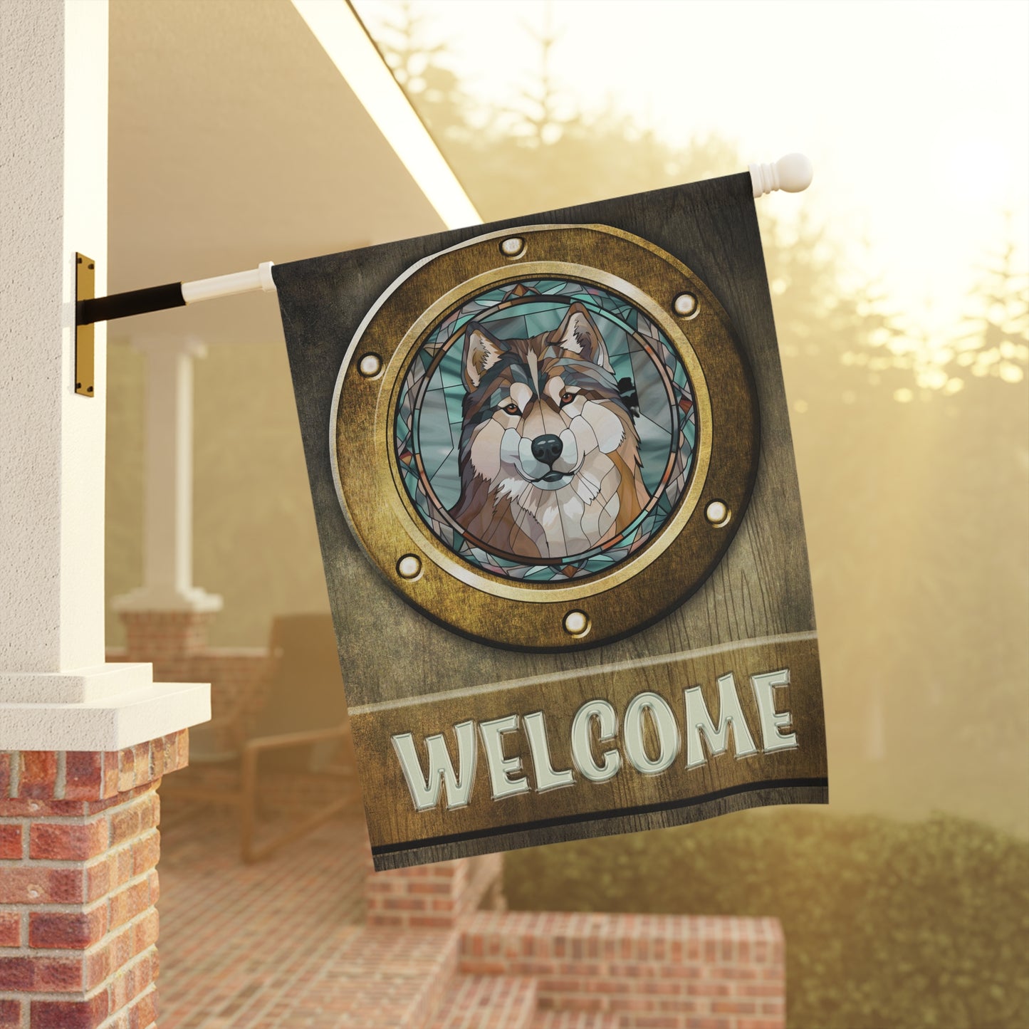 Alaskan Malamute in Port Hole Welcome 2-Sided Garden & House Flag/Banner