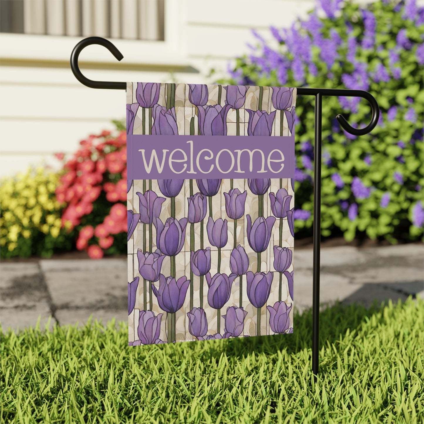 Lavender Tulips Welcome 2-Sided Garden & House Flag/Banner