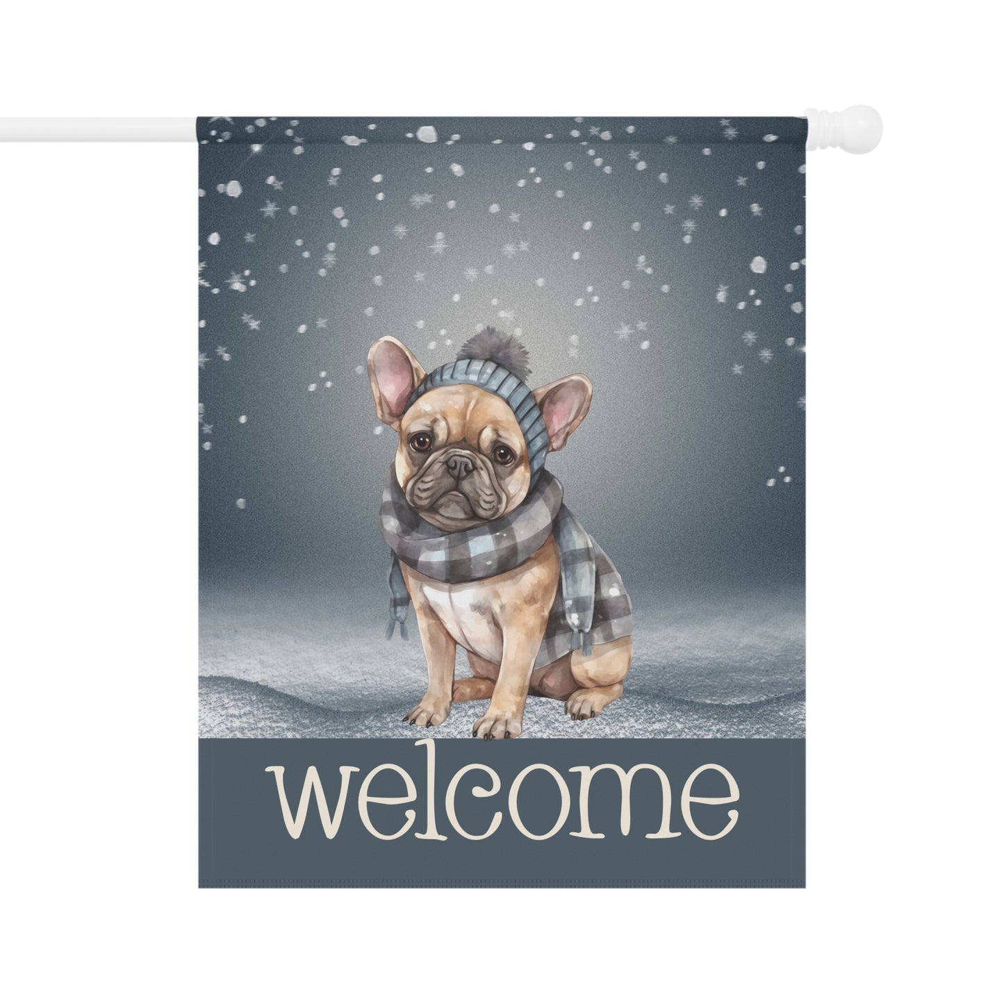 Snowy Welcome French Bulldog in Scarf 2-Sided Garden & House Flag/Banner