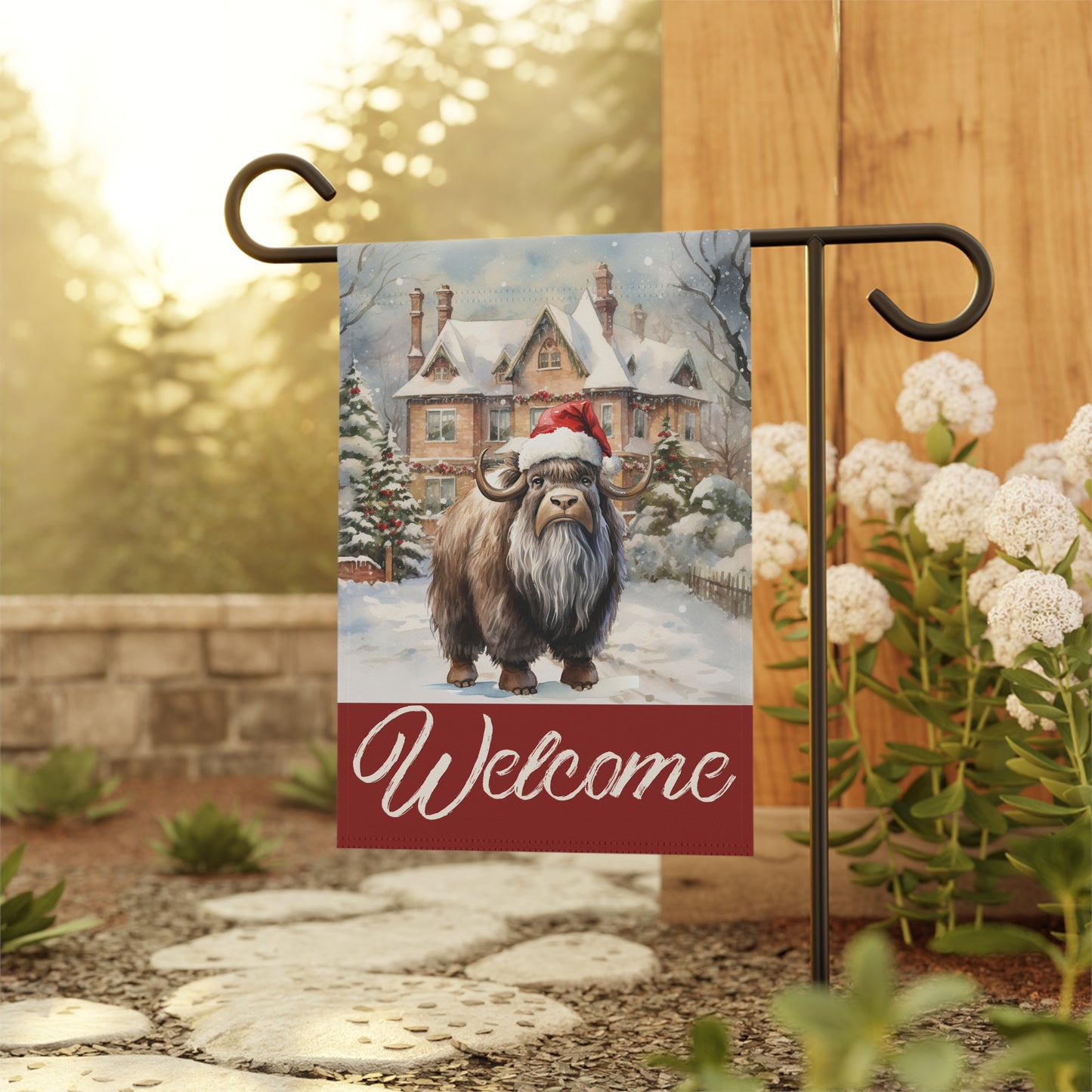 Ox in Santa Hat Welcome 2-Sided Garden & House Flag/Banner