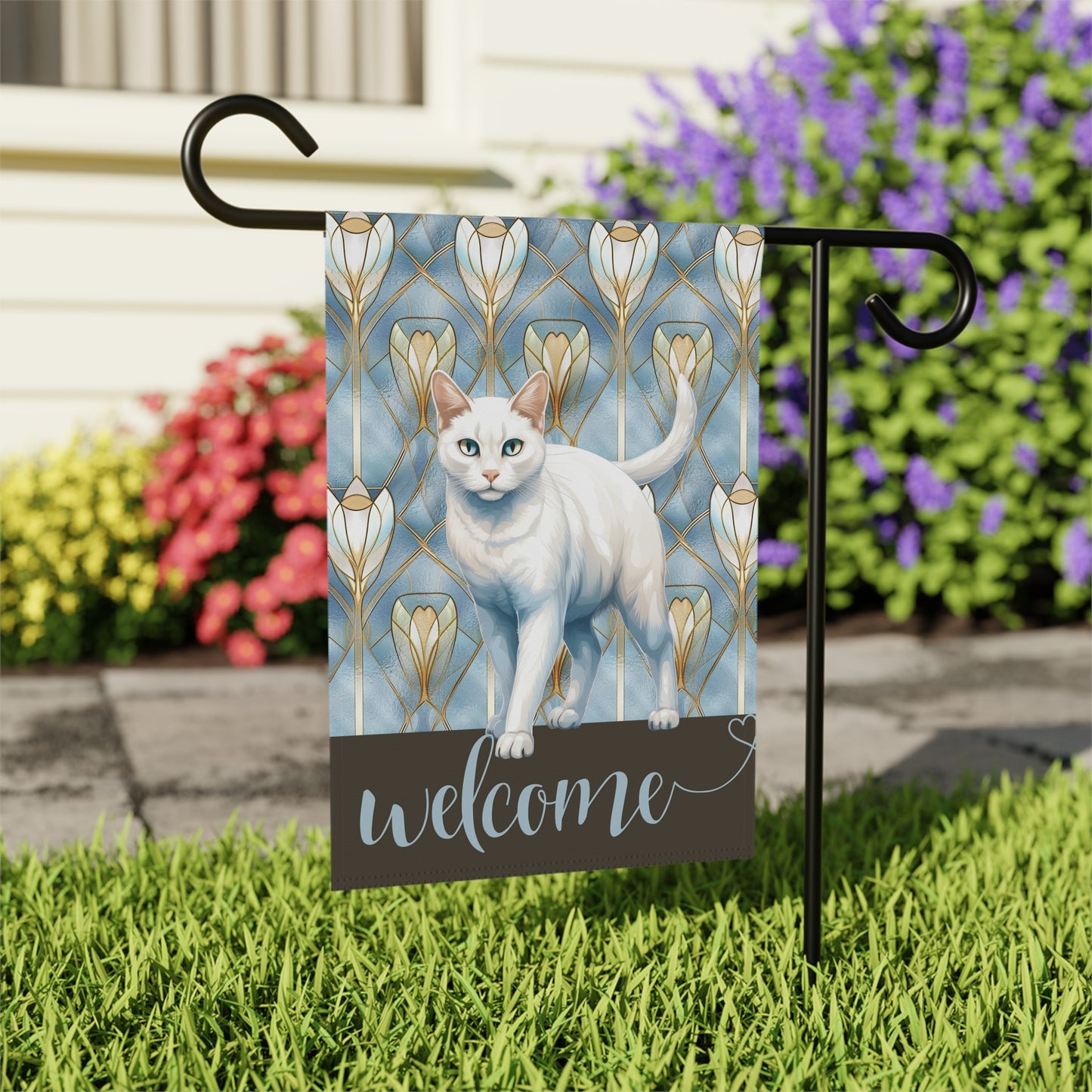 White Cat Welcome 2-Sided Garden & House Flag/Banner