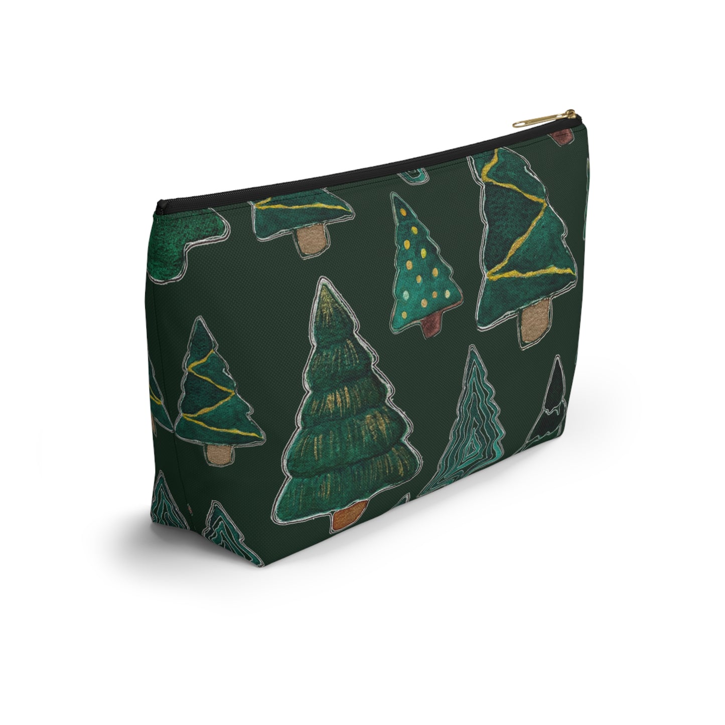 Christmas Tree Cutouts on Green Accessory Pouch w T-bottom