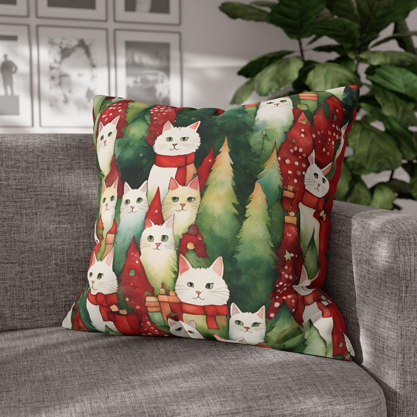 Meowy Christmas Square Poly Canvas Pillowcase