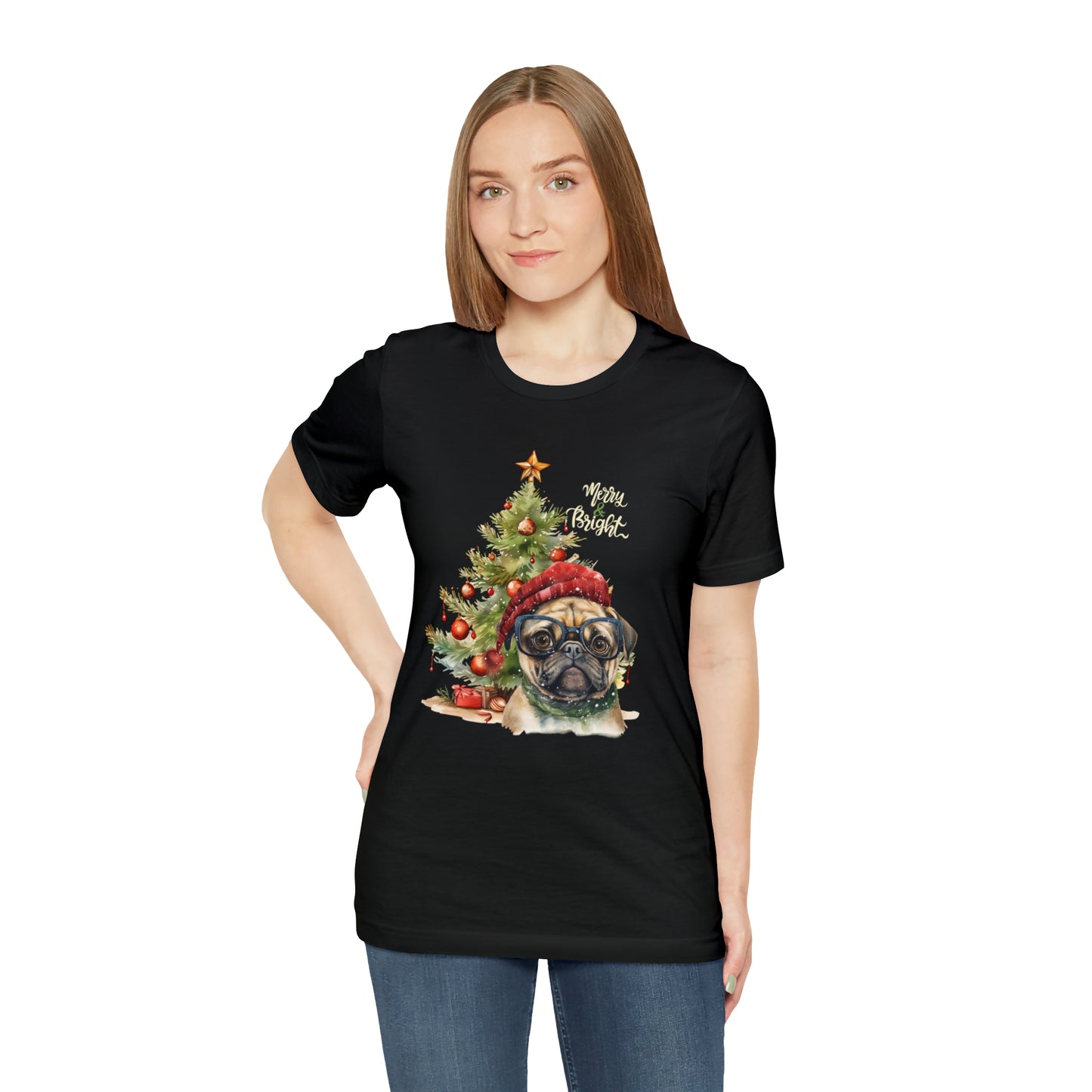 Merry & Bright Pug in Glasses Unisex Jersey Short Sleeve Tee