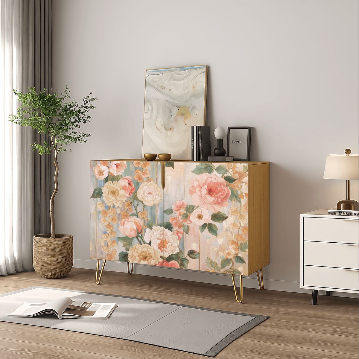 Pastel Floral Wooden Storage Cabinet (Made in USA)