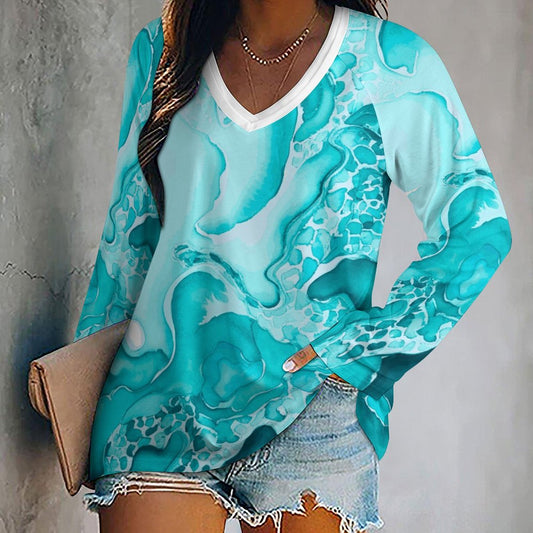 Heather V-neck Loose Long Sleeve T-shirt