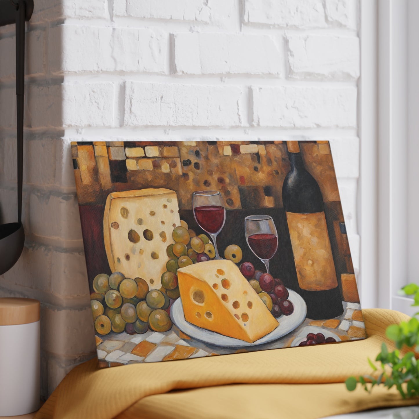 Unwind Wine, Cheese and Grapes Tempered Glass Cutting Board