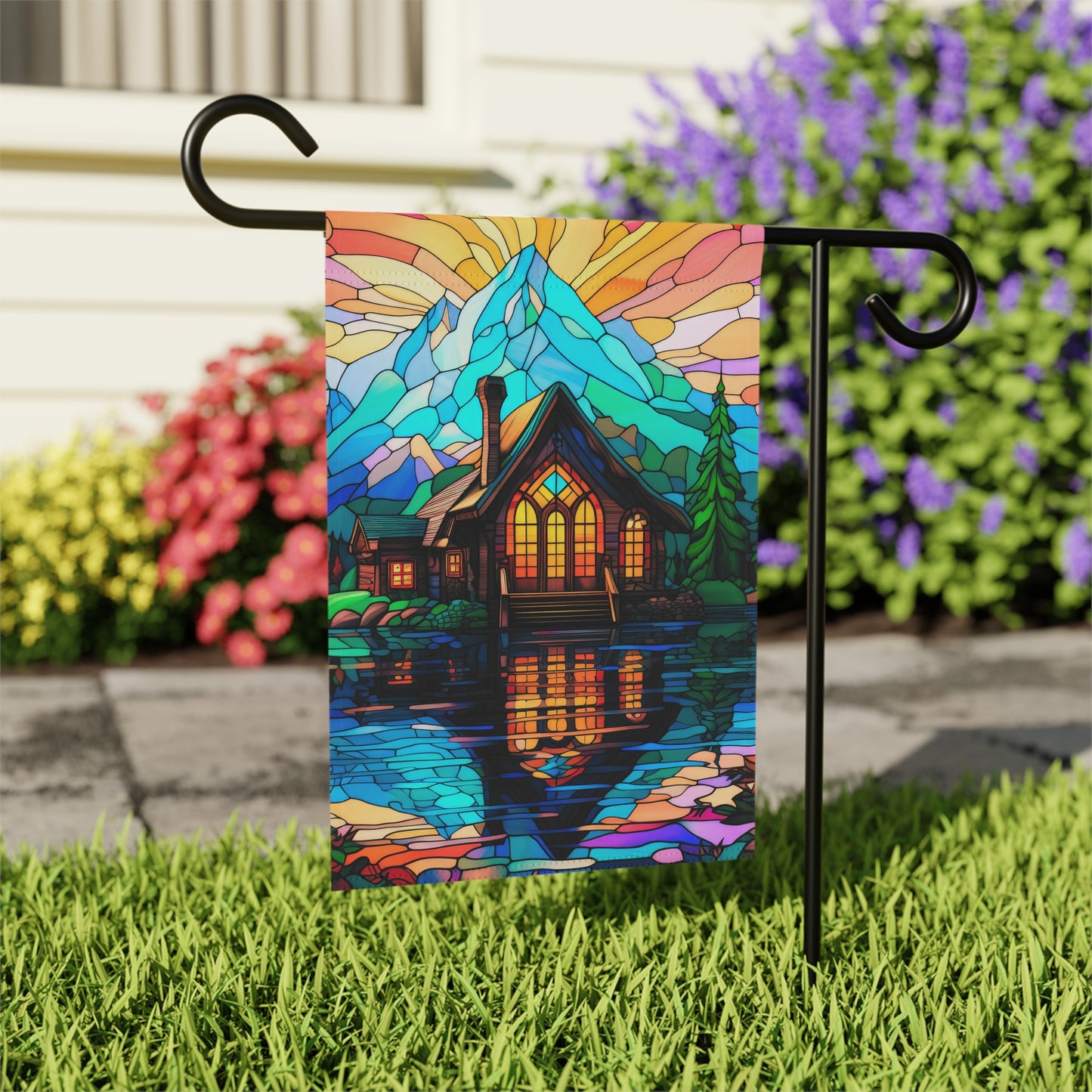 Mountain Cabin Paradise Stained Glass Look 2-Sided Garden & House Flag/Banner