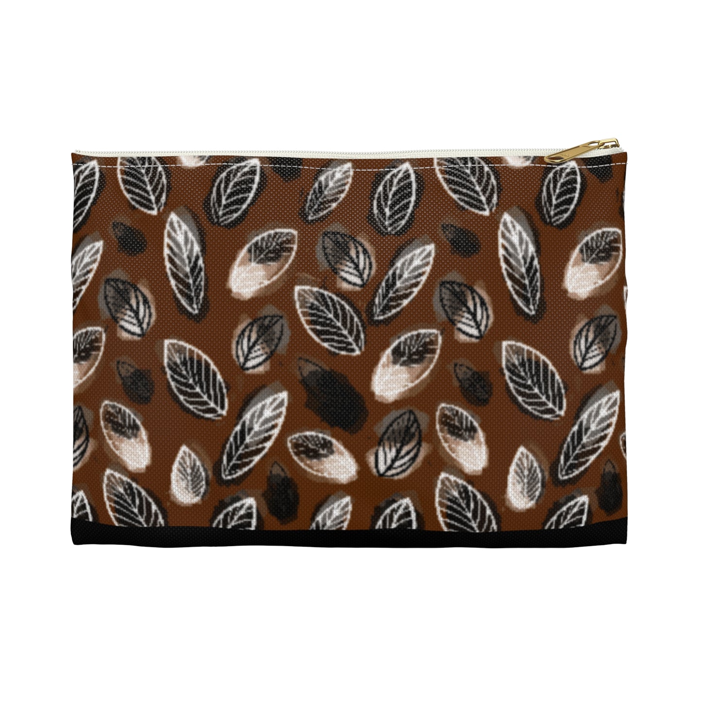 Gertie Black & Cream Abstract Leaves on Brown Journal Pencil  Zipper Flat Bottom Accessory Pouch