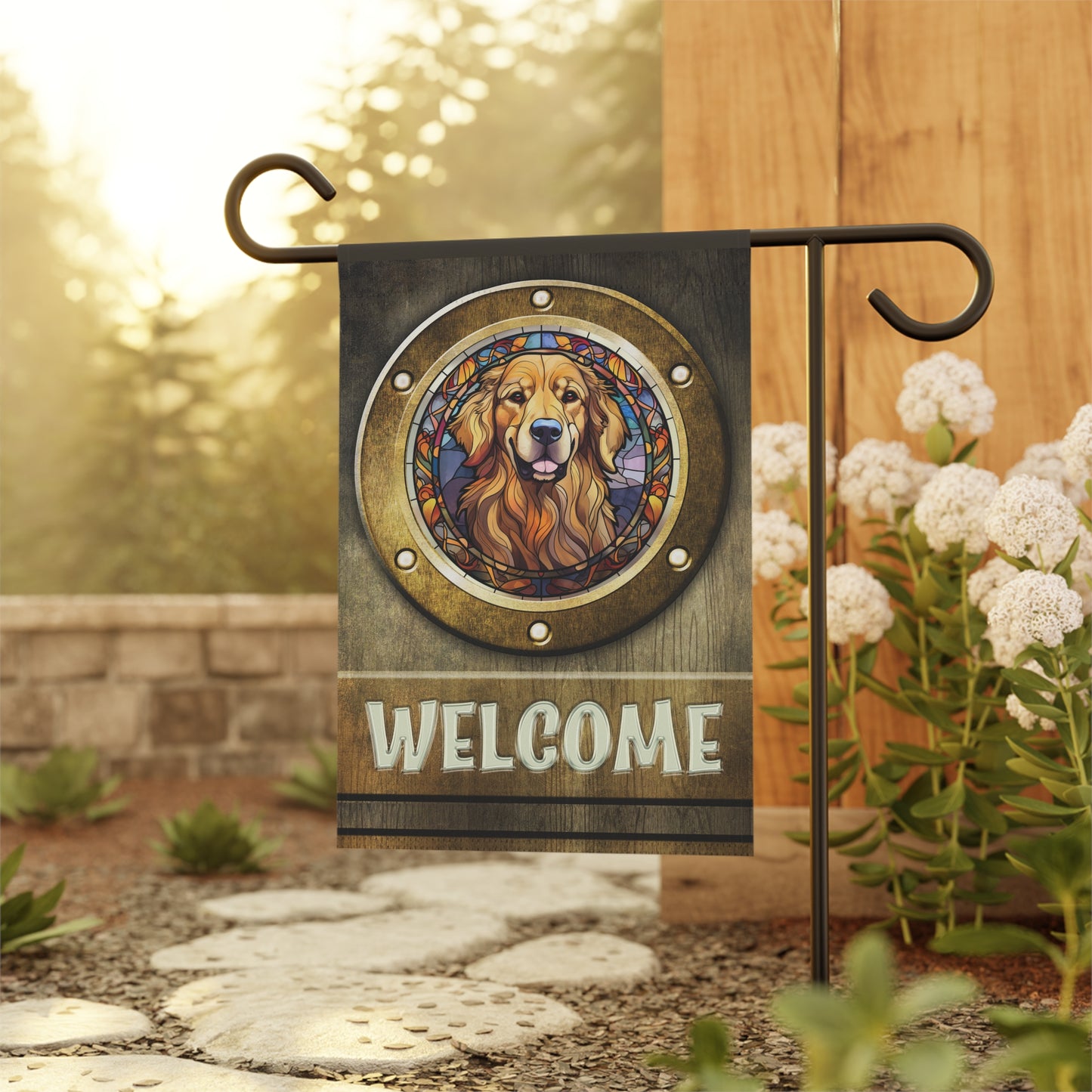 Golden Retriever in Port Hole Welcome 2-Sided Garden & House Flag/Banner