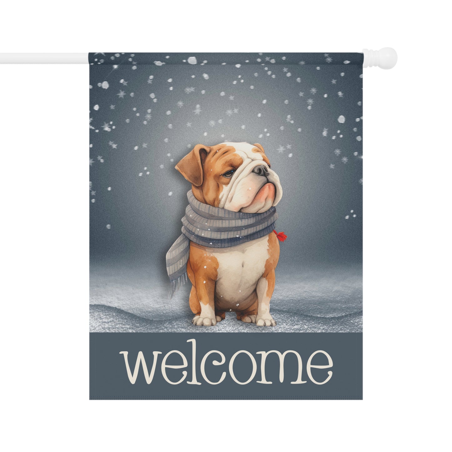 Snowy Welcome Bulldog in Scarf 2-Sided Garden & House Flag/Banner