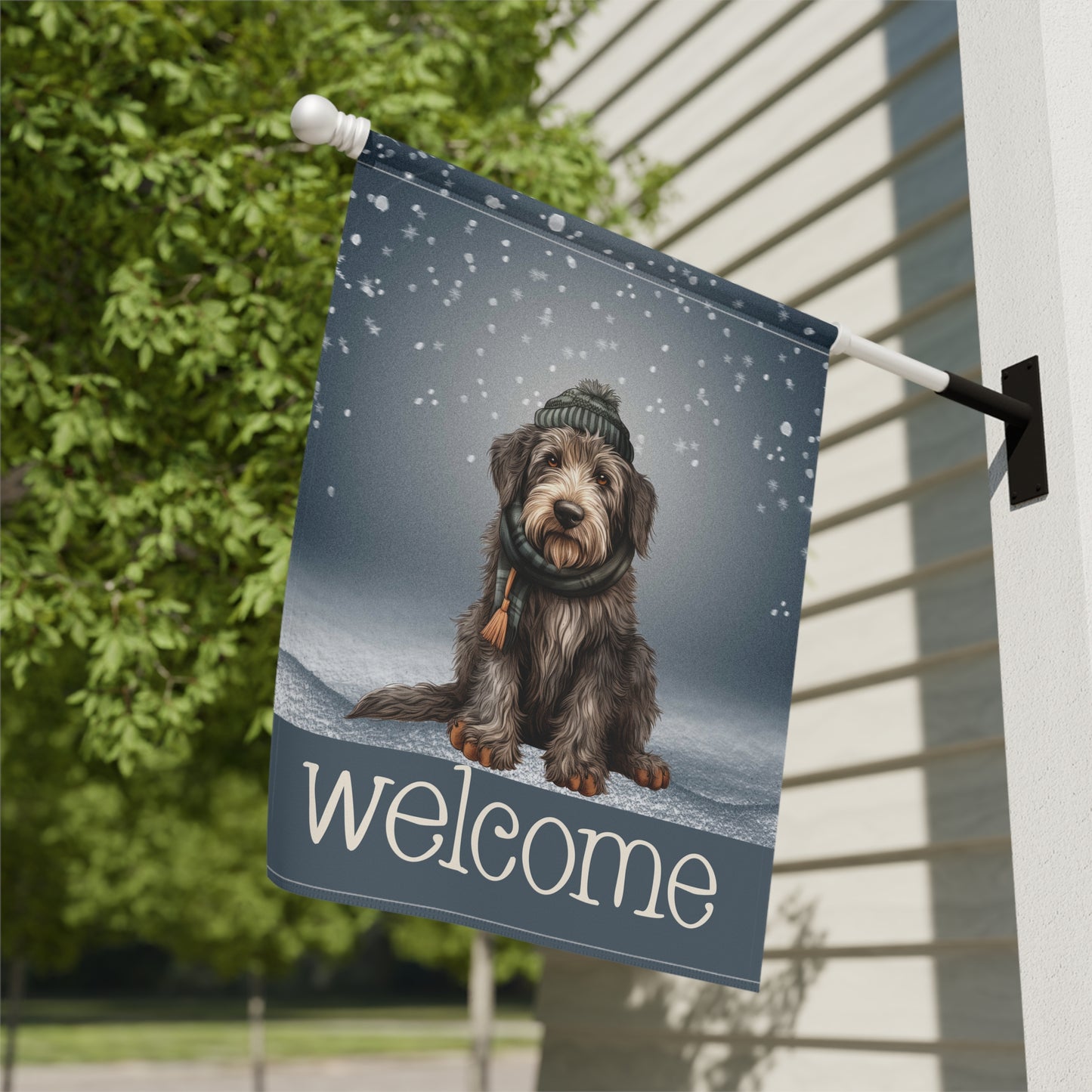 Snowy Welcome Irish Wolfhound in Scarf 2-Sided Garden & House Flag/Banner