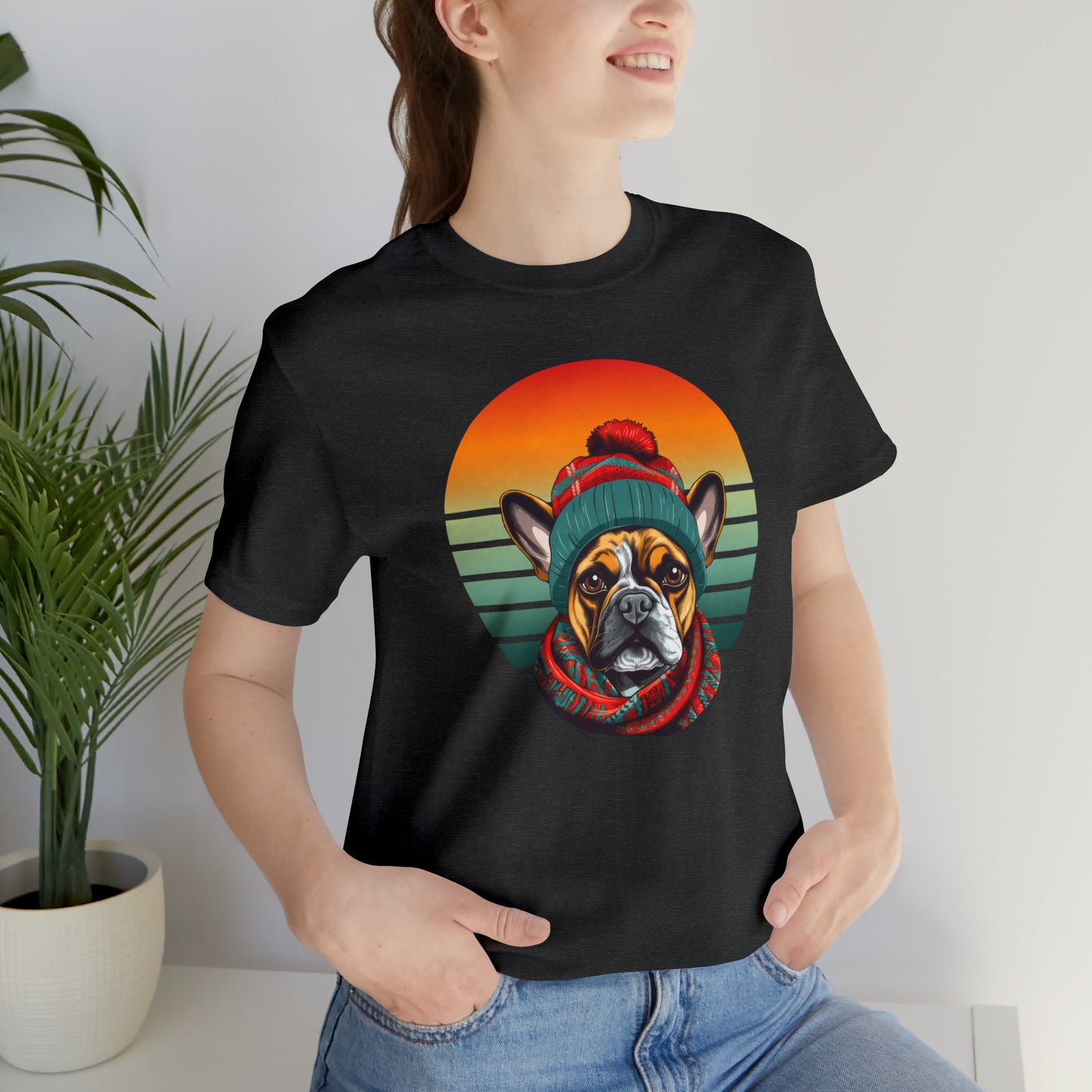 Retro French Bulldog in Hat & Scarf Unisex Jersey Short Sleeve Tee