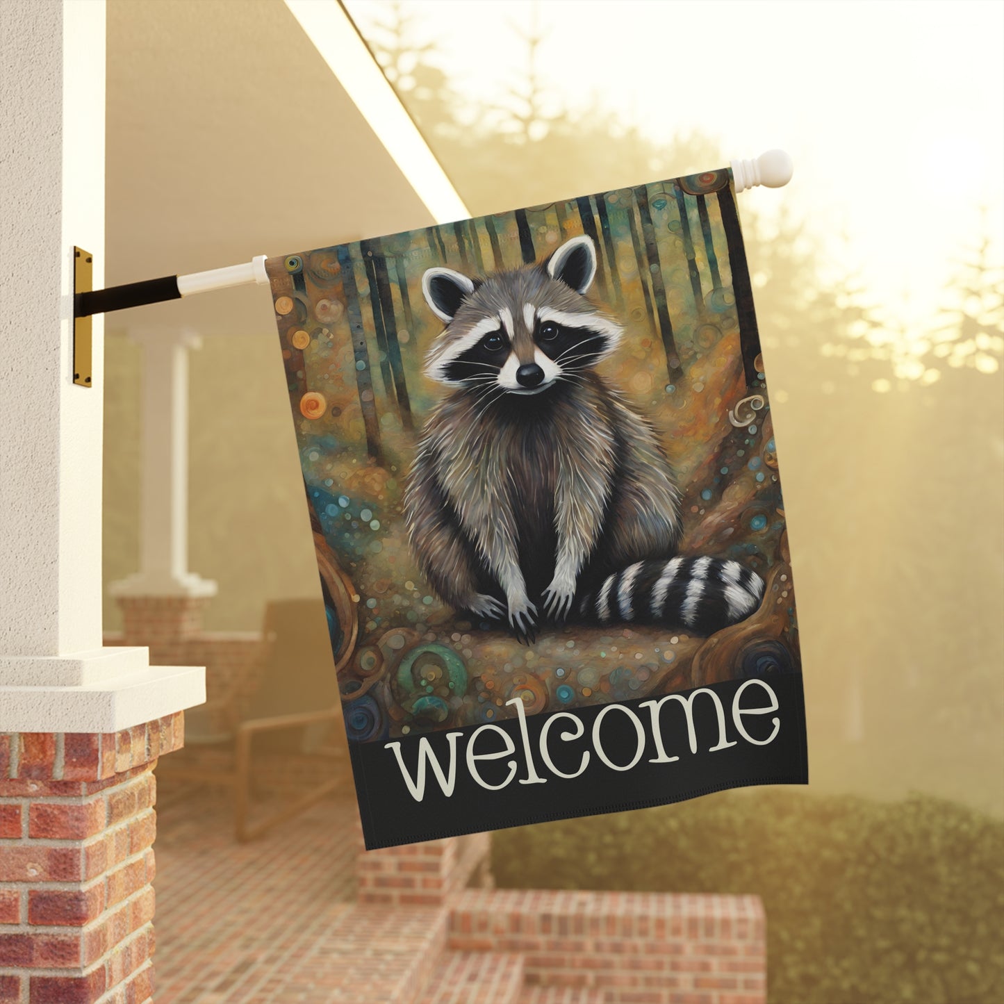 Mountain Forest Raccoon Welcome 2-Sided Garden & House Flag/Banner