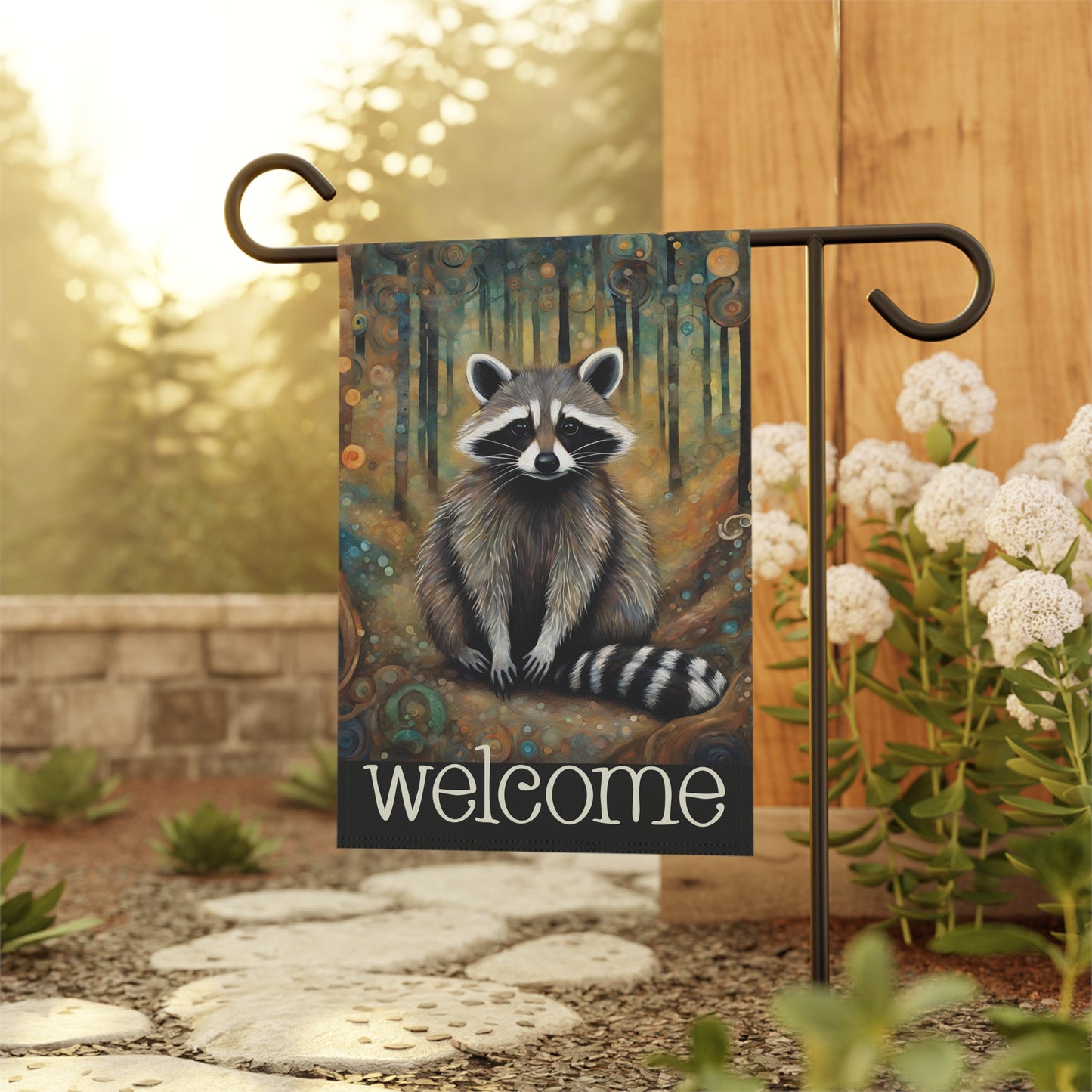 Mountain Forest Raccoon Welcome 2-Sided Garden & House Flag/Banner