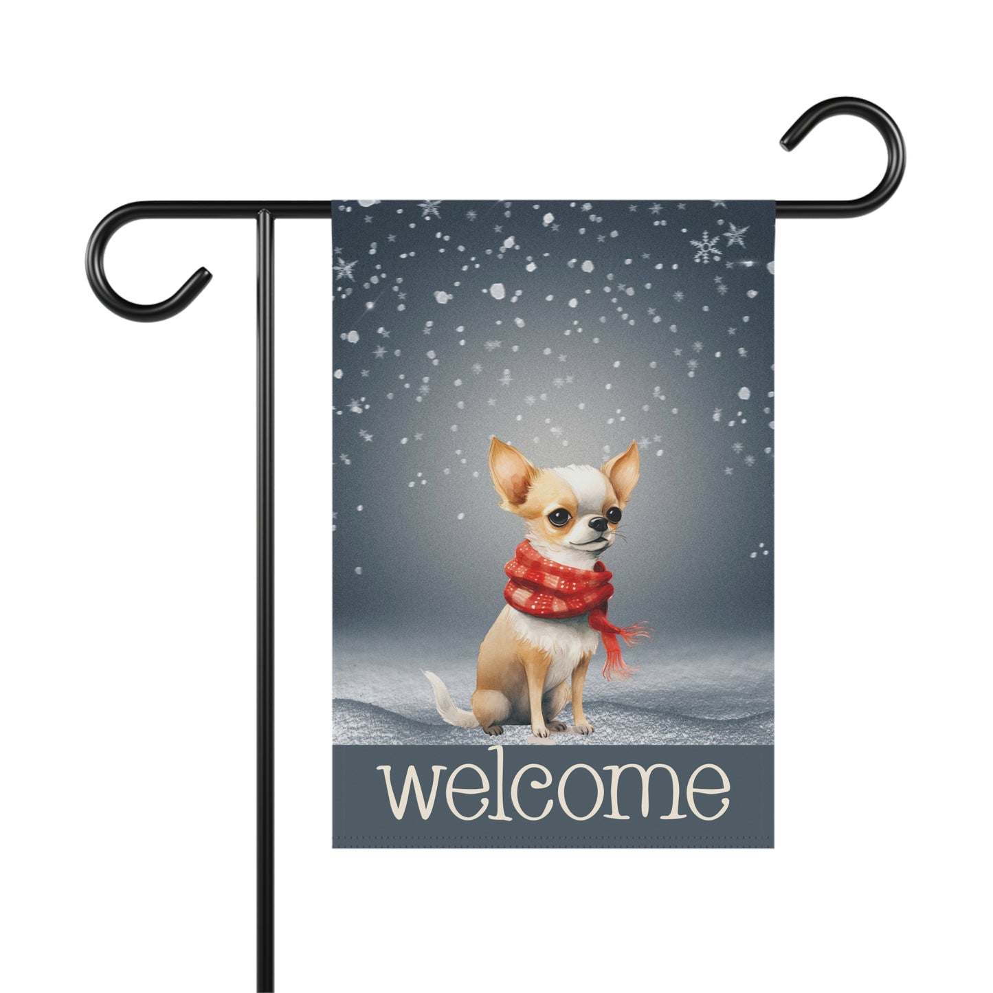 Snowy Welcome Chihuahua in Scarf 2-Sided Garden & House Flag/Banner