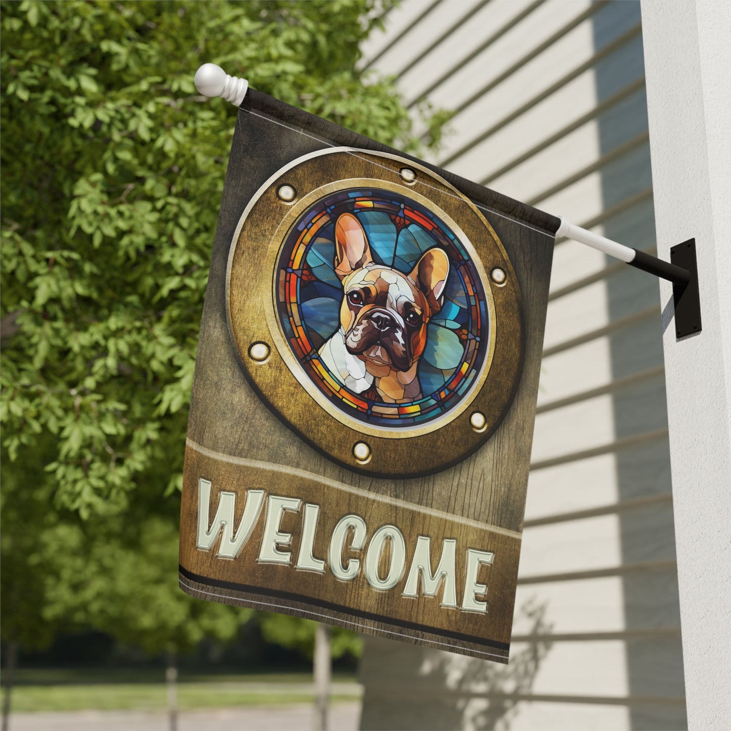 French Bulldog in Port Hole Welcome 2-Sided Garden & House Flag/Banner