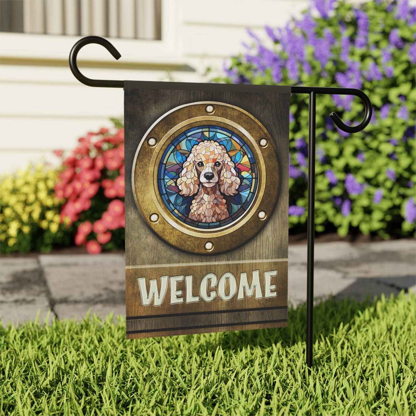 Poodle in Port Hole Welcome 2-Sided Garden & House Flag/Banner