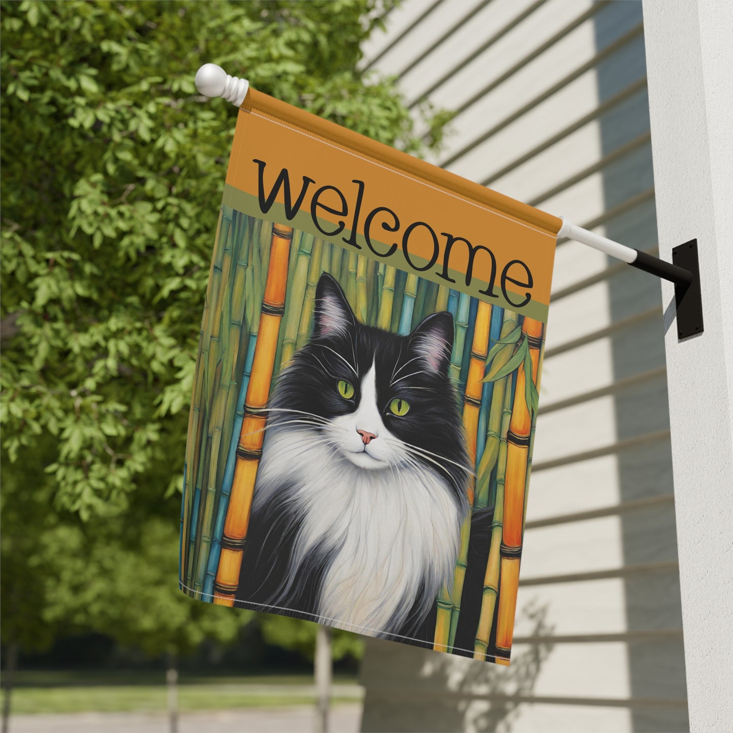 Black & White Bamboo Cat Welcome 2-Sided Garden & House Flag/Banner