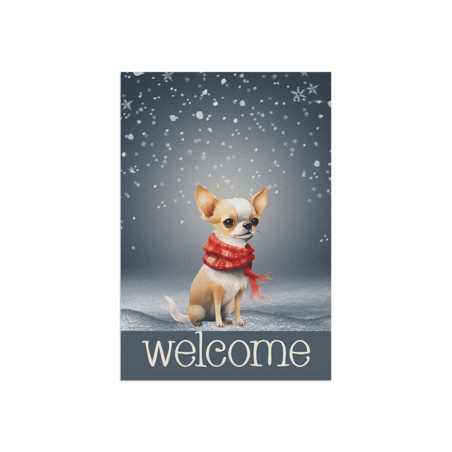 Snowy Welcome Chihuahua in Scarf 2-Sided Garden & House Flag/Banner