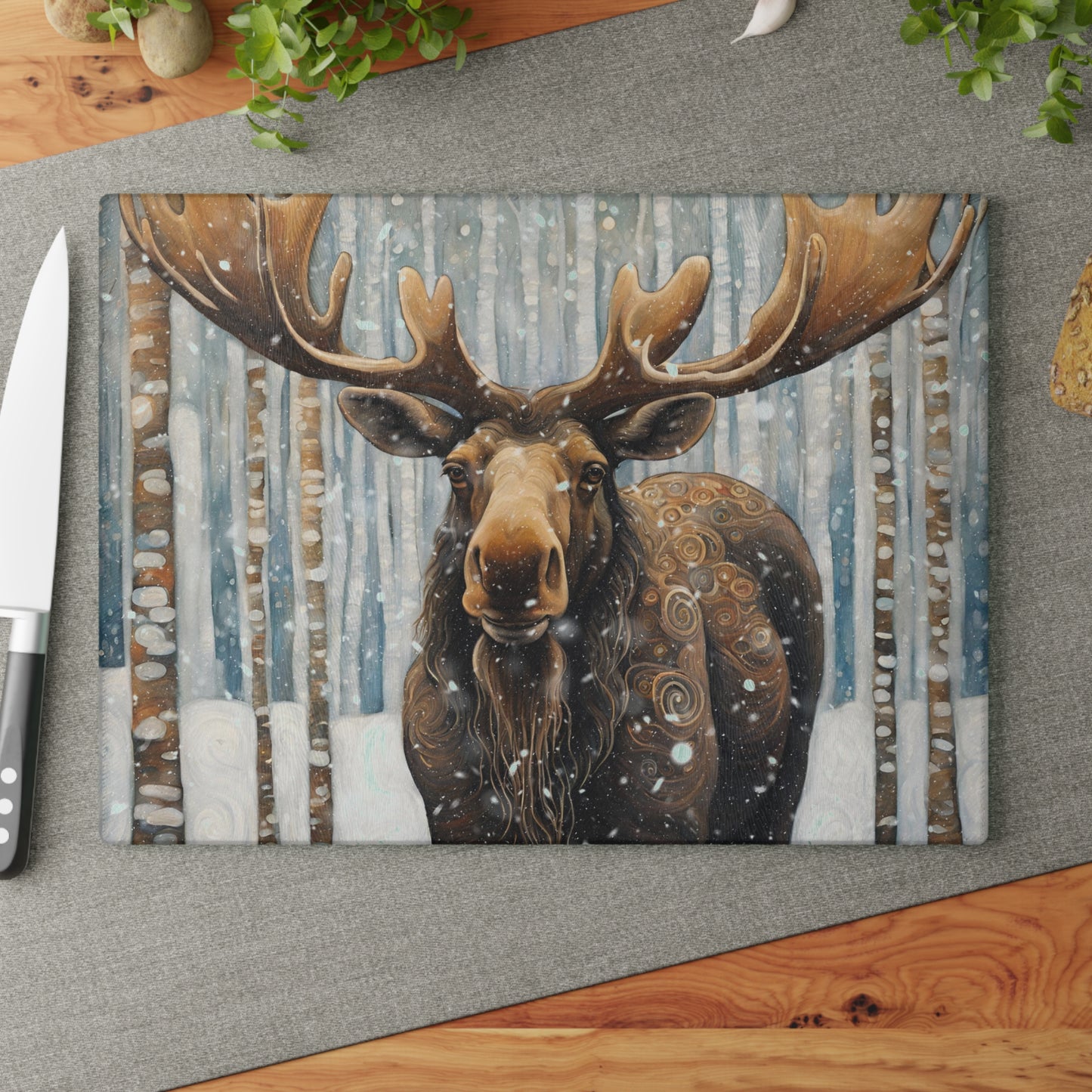 Mountain Forest Snowy Moose Tempered Glass Cutting Board