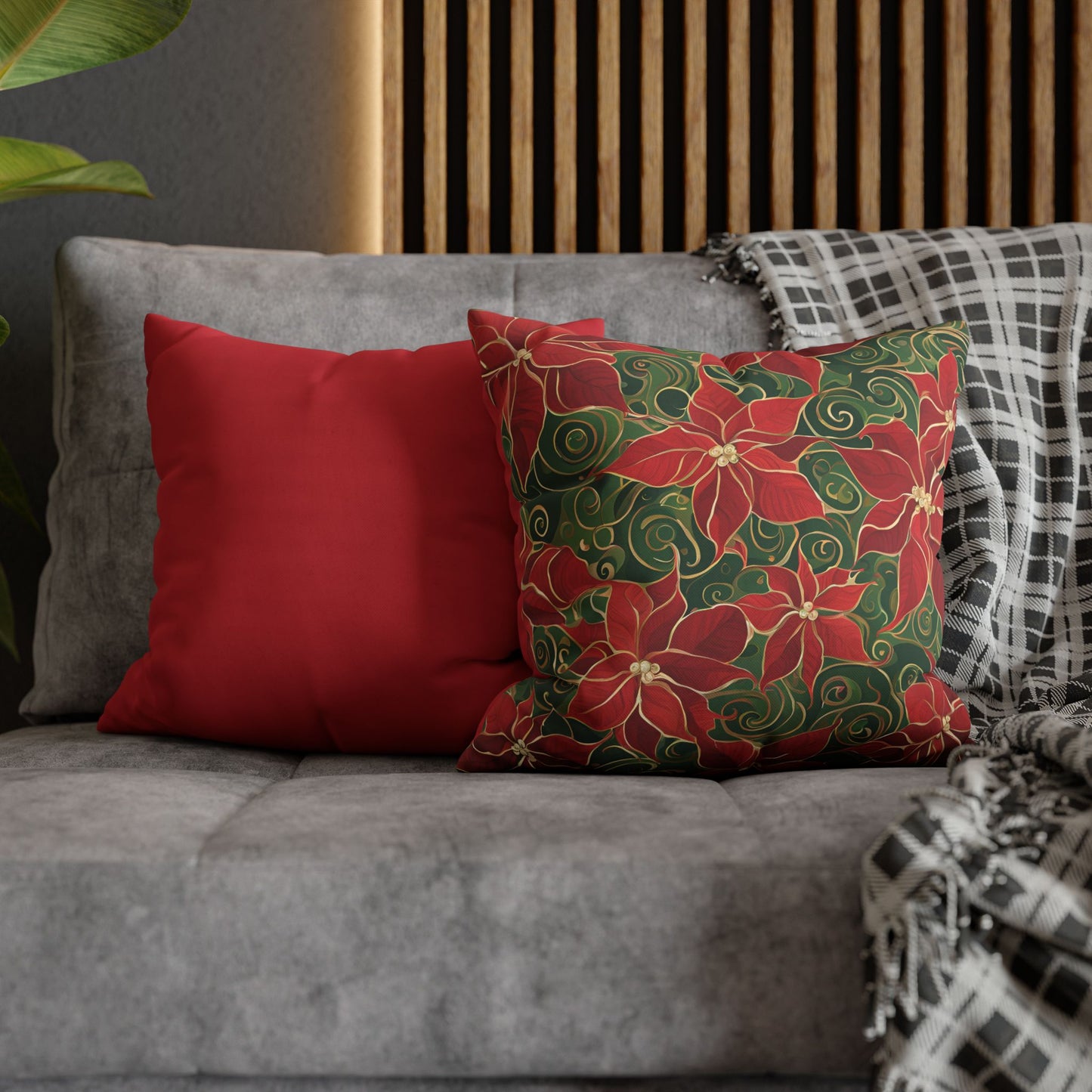 Poinsettias Swirl Holiday Square Poly Canvas Pillowcase