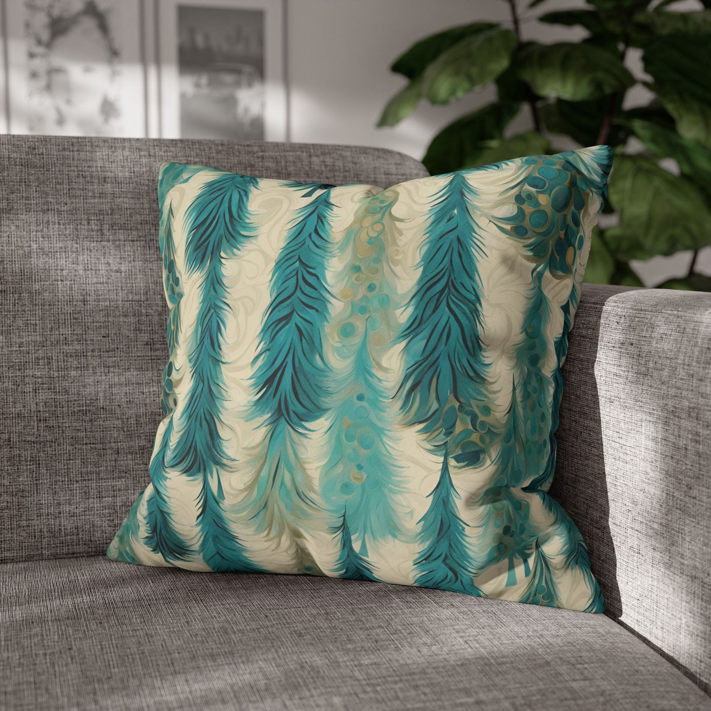 Teal Christmas Trees Square Poly Canvas Pillowcase