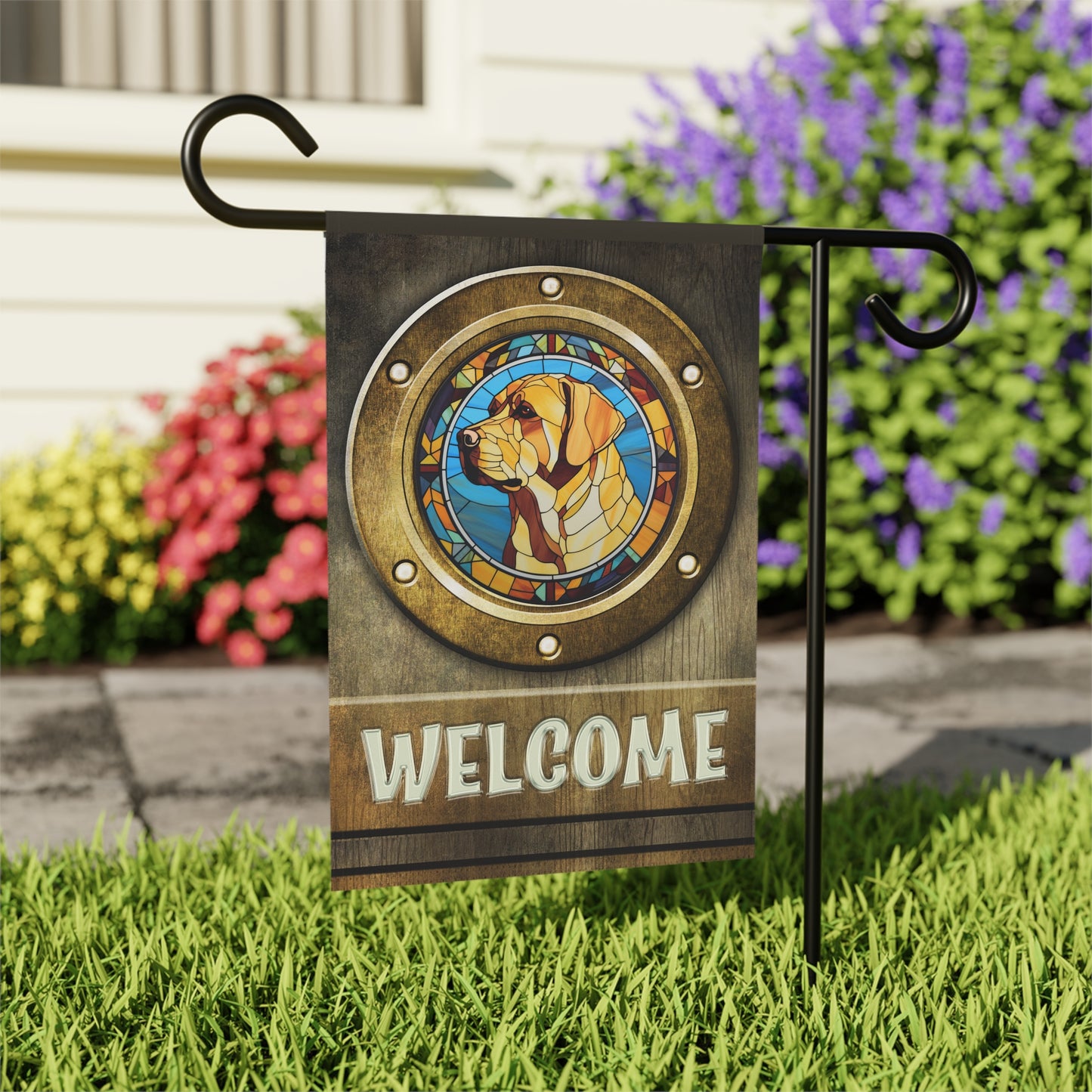 Yellow Labrador in Port Hole Welcome 2-Sided Garden & House Flag/Banner